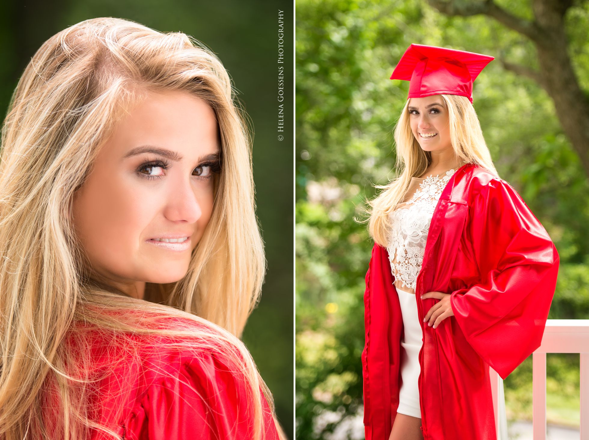 blond girl with red graduation toga