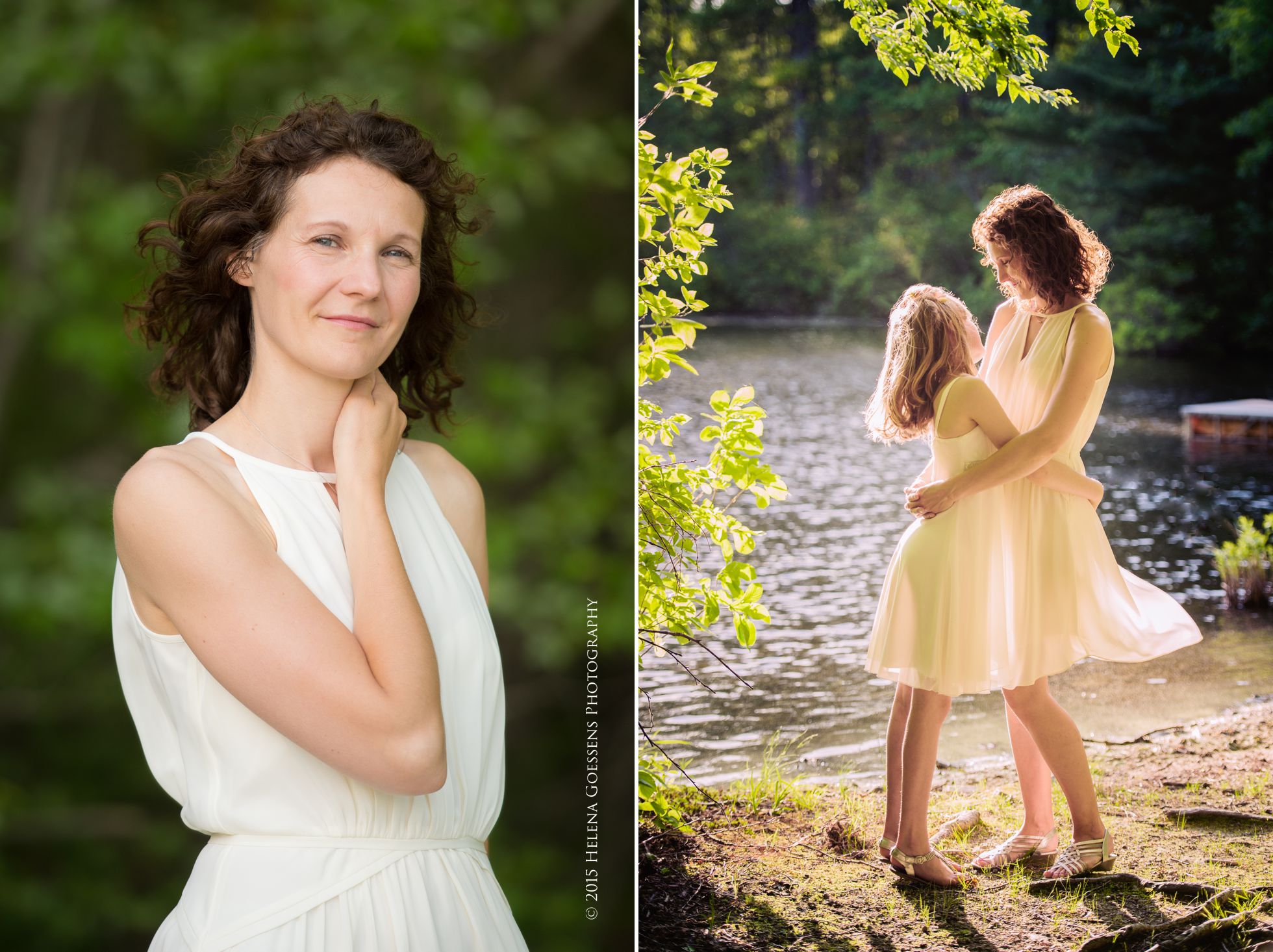 Mother-Daughter photo session in white dress and a green background