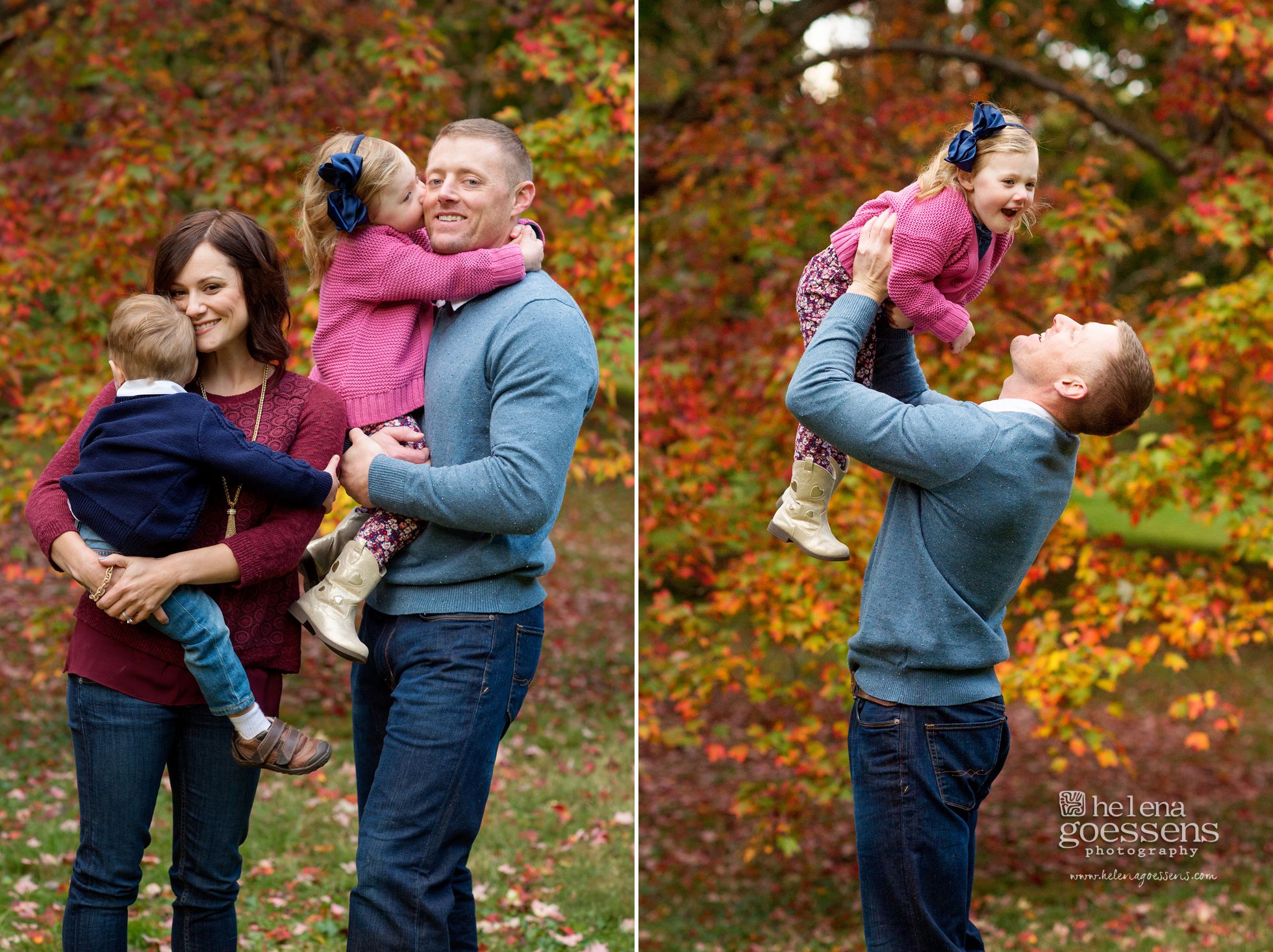a family of four playing at the park in the fall