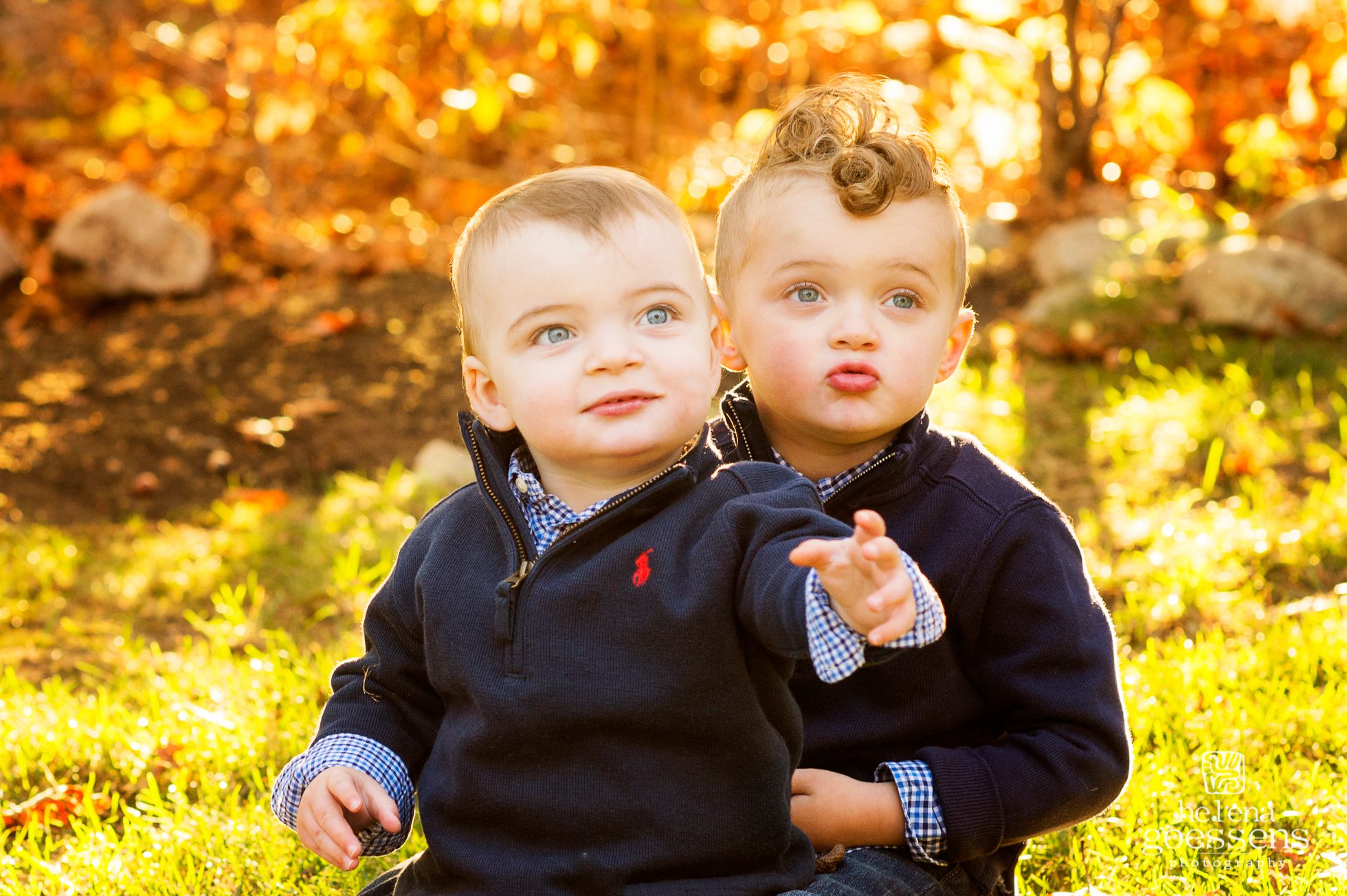 two blond little boys wearing navy blue sweaters