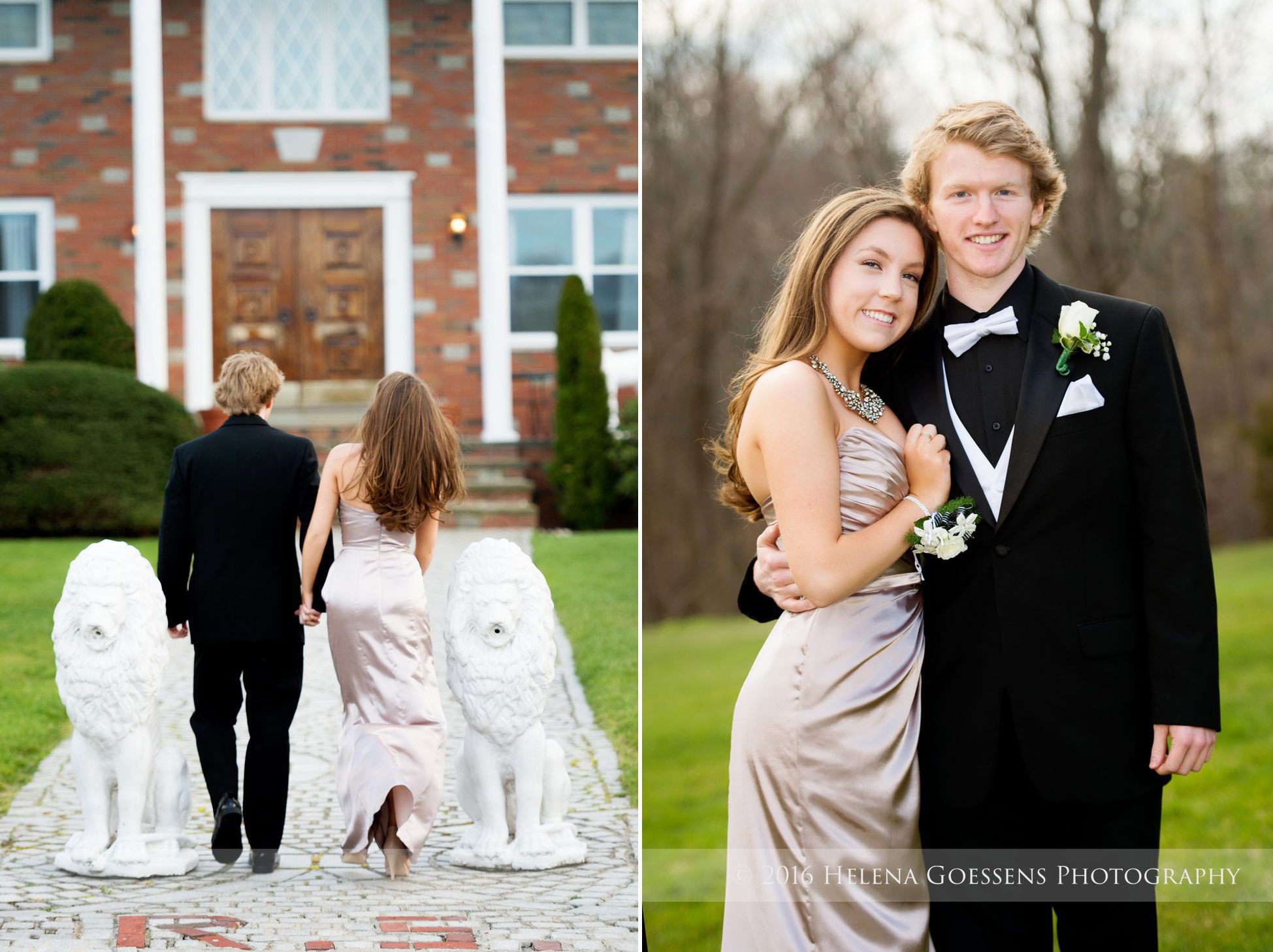 Prom 2016 Couple of a senior girl wearing a beige dress and a senior boy in a black tuxedo