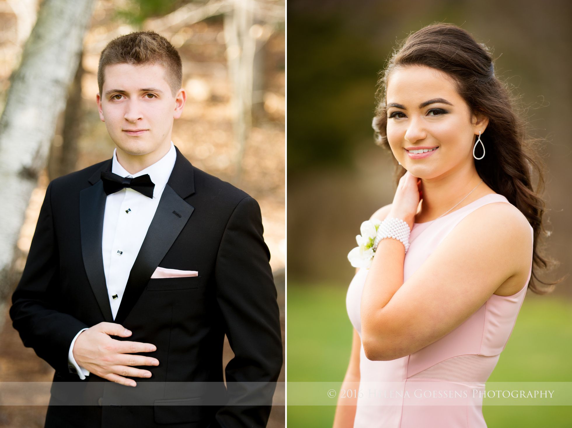 Portraits of a senior boy in a tuxedo and senior girl in a pink dress