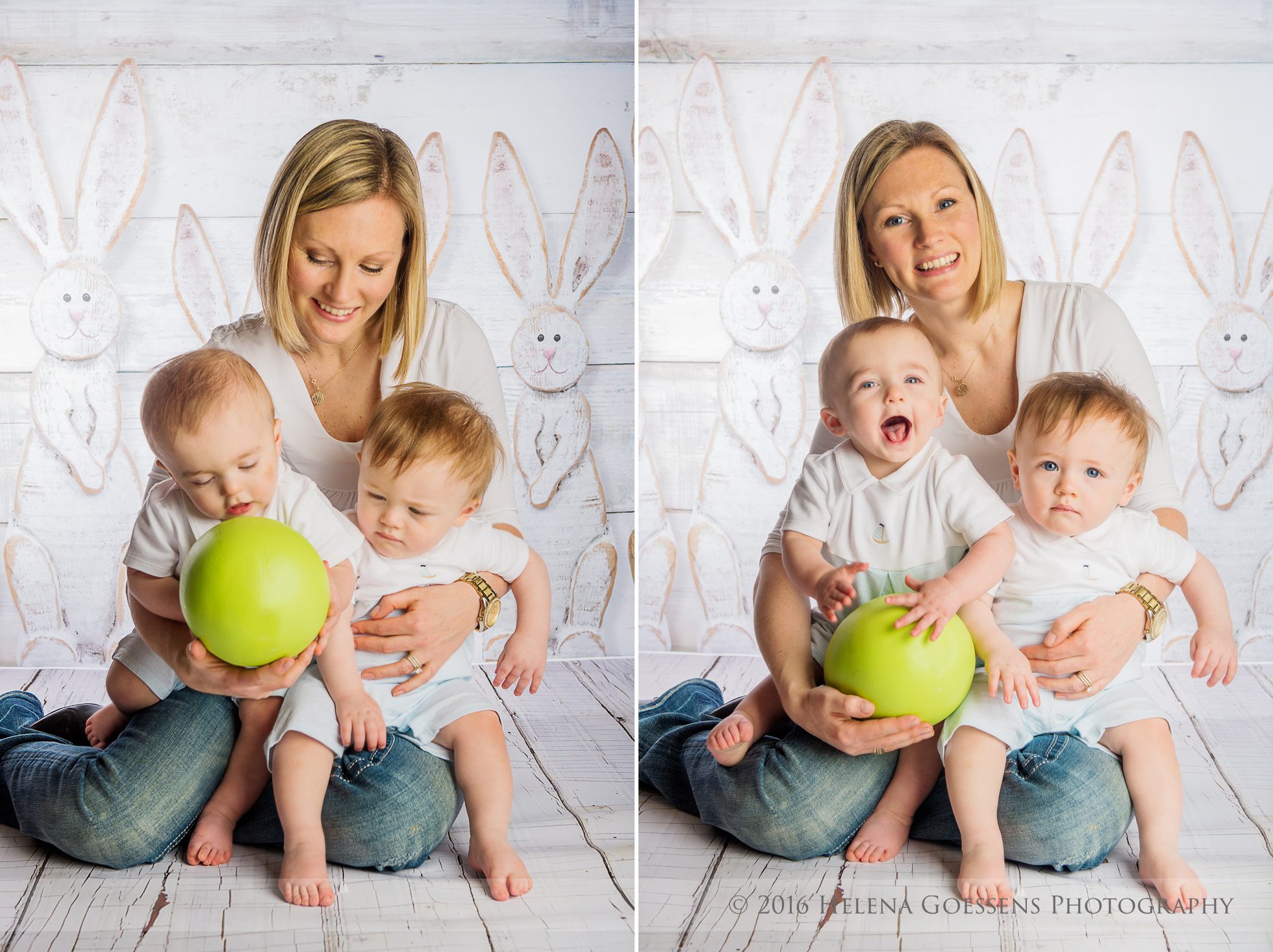 blond mom holding her twins and a green egg