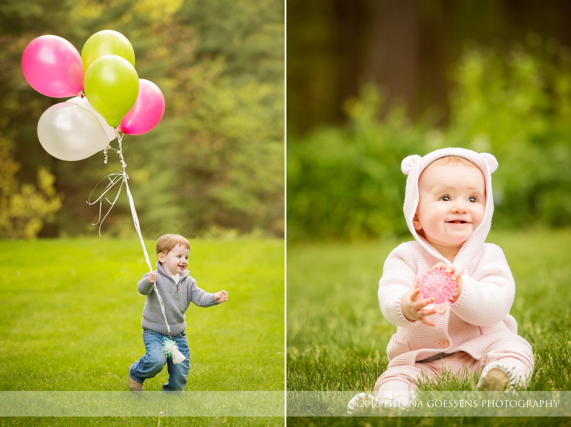 a toddler running with balloons in his hand and a baby girl sitting with a pink swweater
