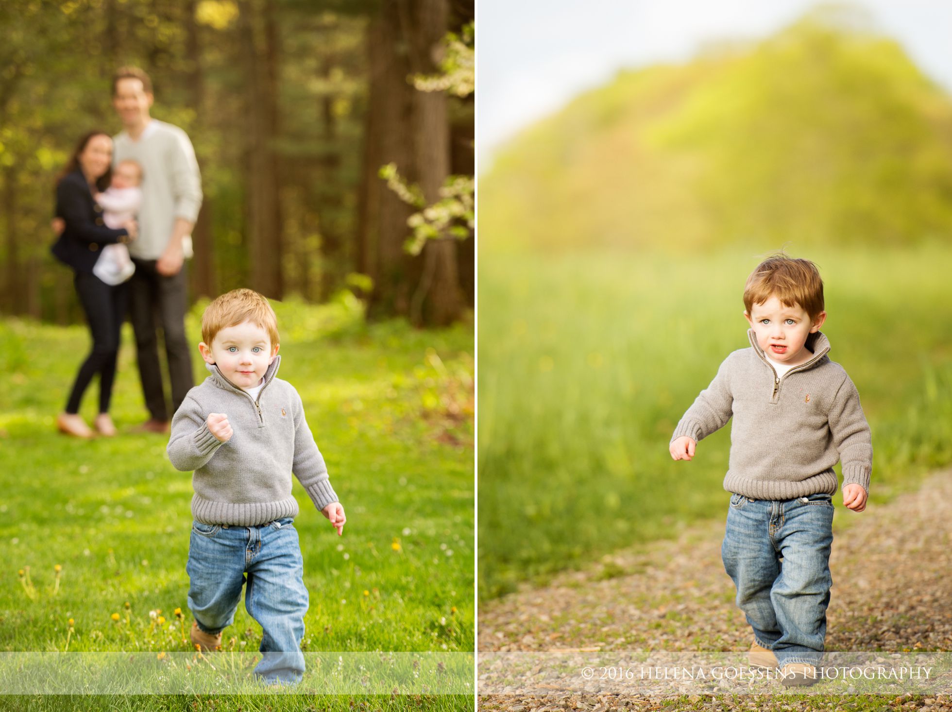 a happy toddler boy running