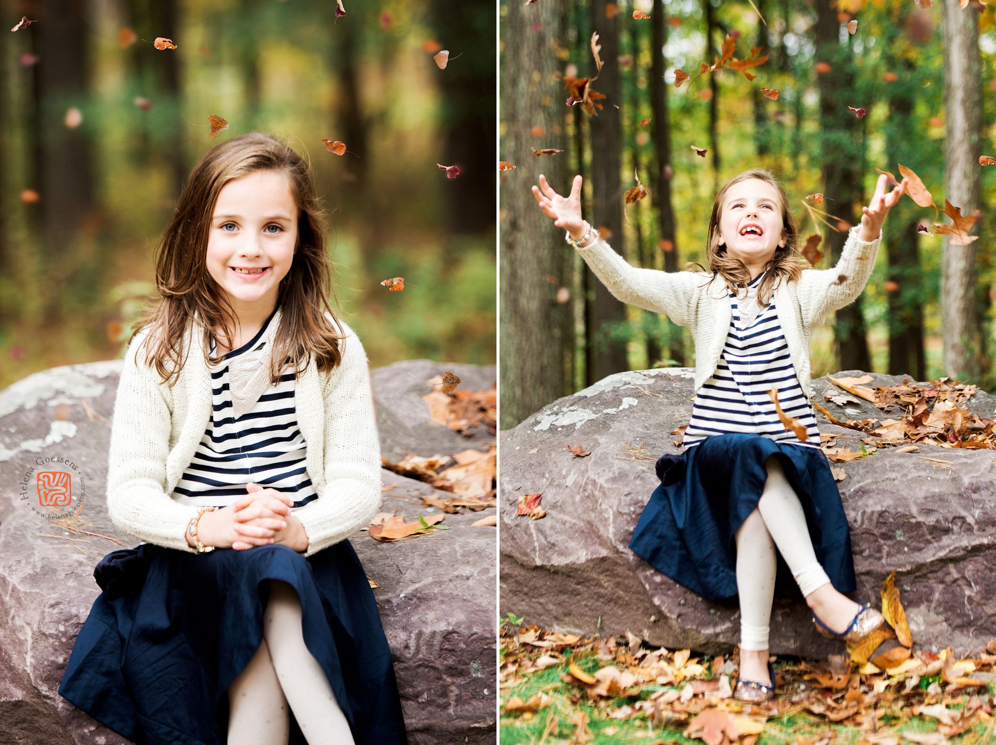 girl in a navy blue skirt and a cream sweater playing with leafs