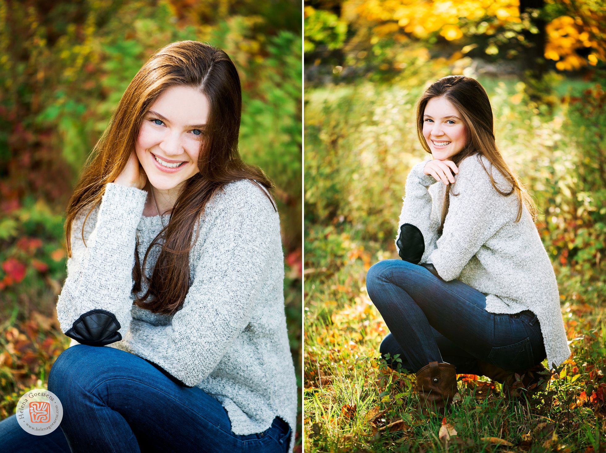 Senior girl portrait wearing a light grey sweater and blue jeans