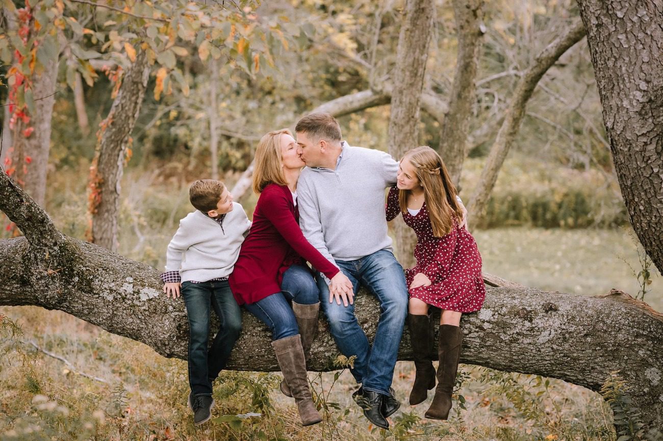 Family of four sitting on a tree branch during fall sessions