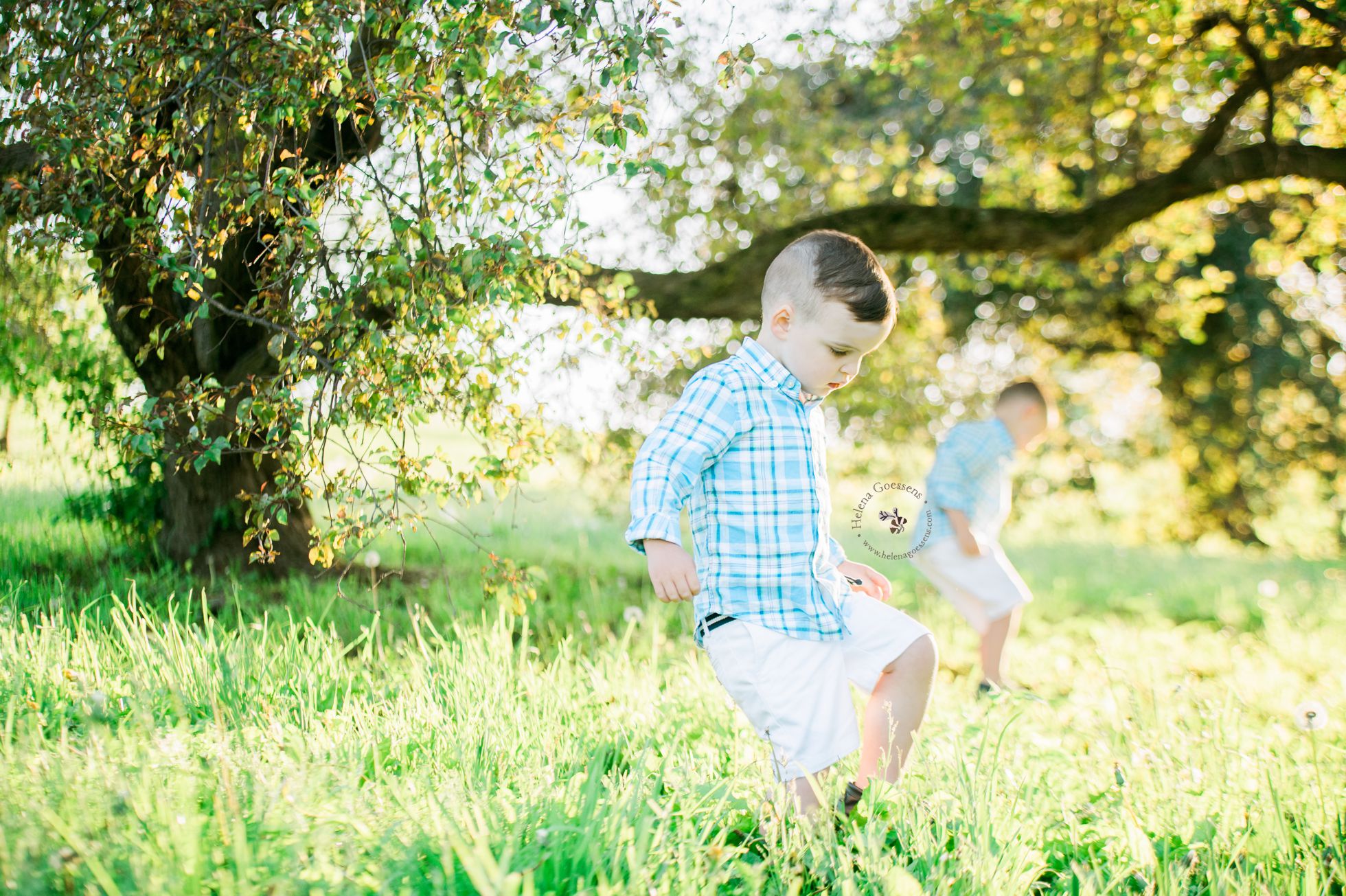 two little boys wearing white shorts and plaid blue shirts running on a field next to a tree 