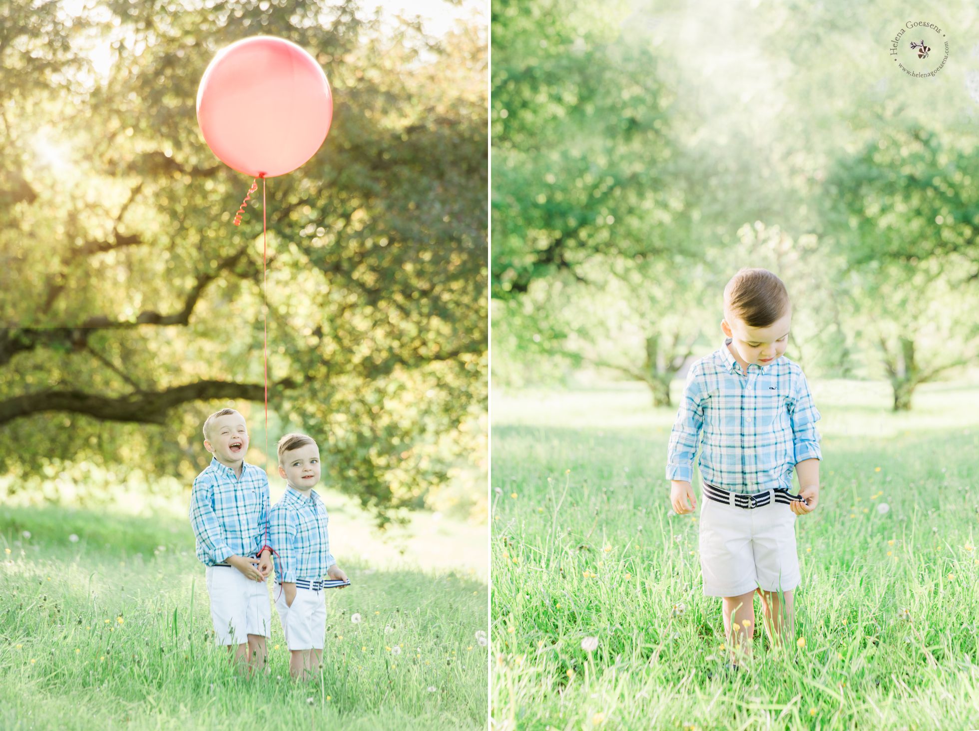 two little boys with white shorts and plaid blue shirts and red baloon