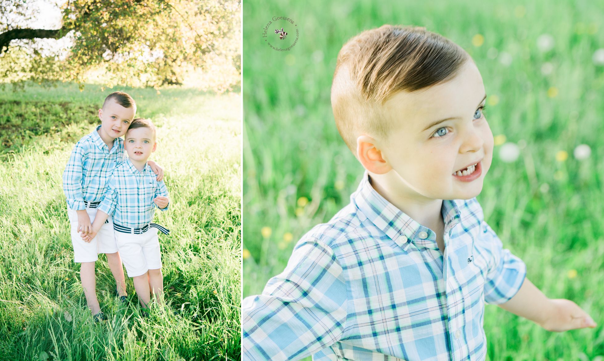two little brothers in white shorts and blue plaid shirts