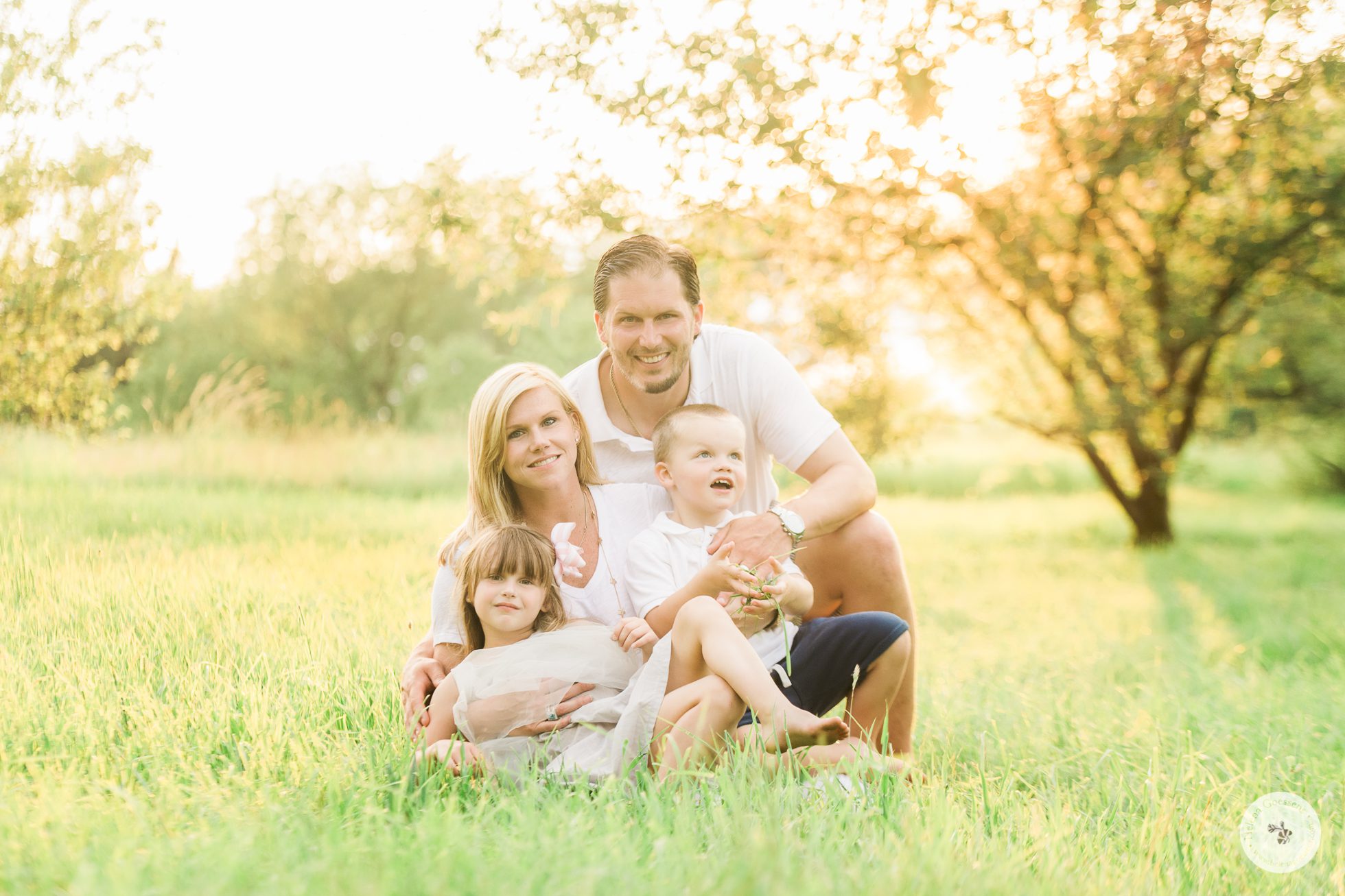 family portrait of four in a field with beautiful sunset in the background. Image by Helena Goessens Photography.