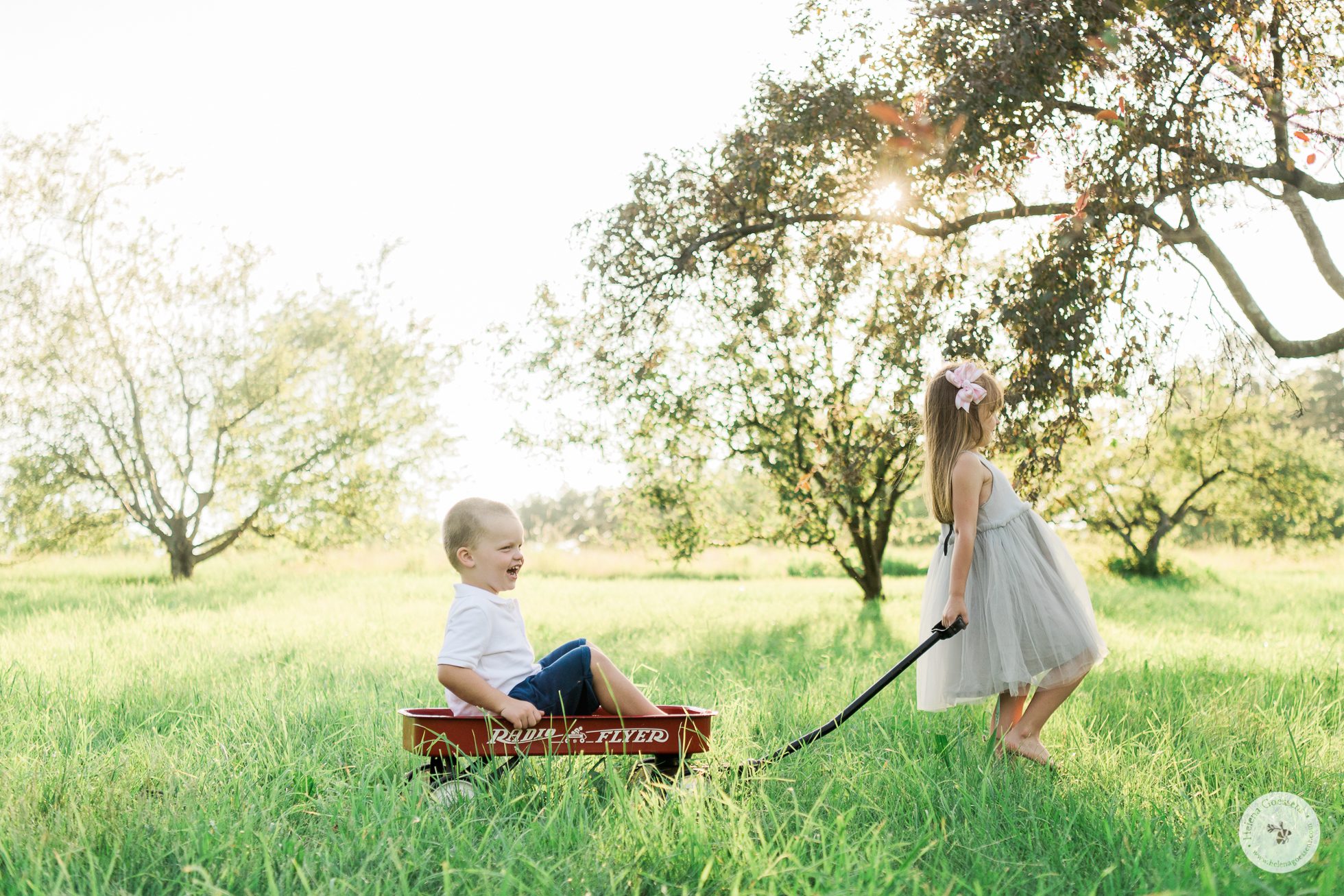 siblings playing in a field on a little red wagon. Image by Helena Goessens Photography.