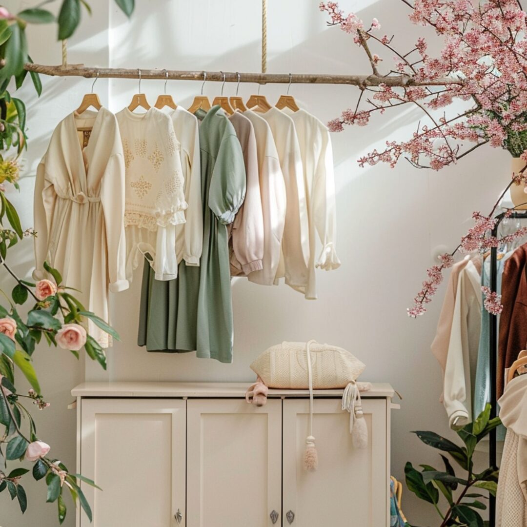 A spring themed wardrobe setup perfect for what to wear at your family photo session, featuring pastel dresses and tops hanging on a wooden rod above a light colored cabinet. Blooming pink flowers and greenery surround the space, creating a fresh, airy ambiance.