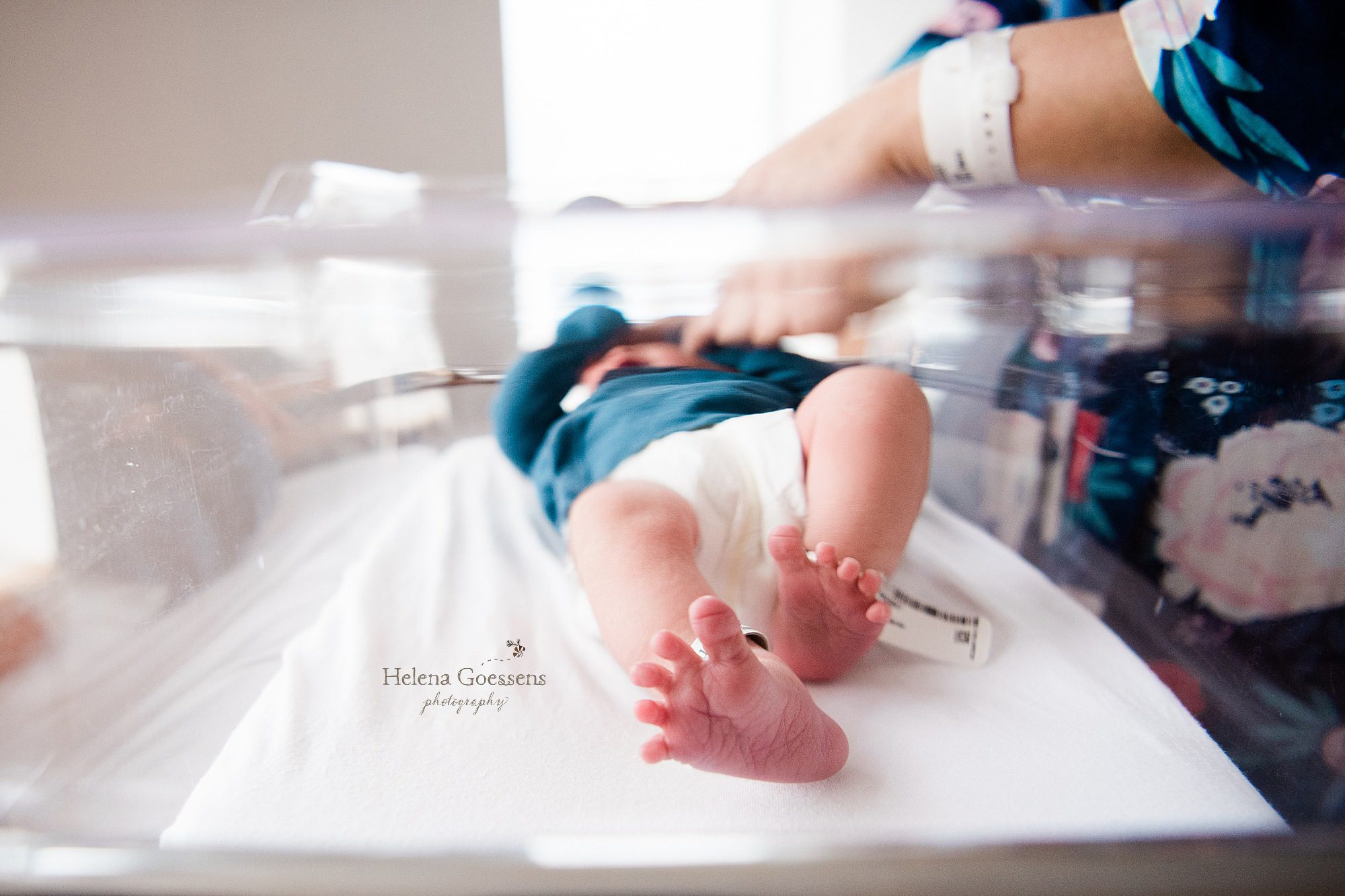 Baby boy in bassinet during Fresh 48 newborn session with Boston newborn photographer Helena Goessens Photography