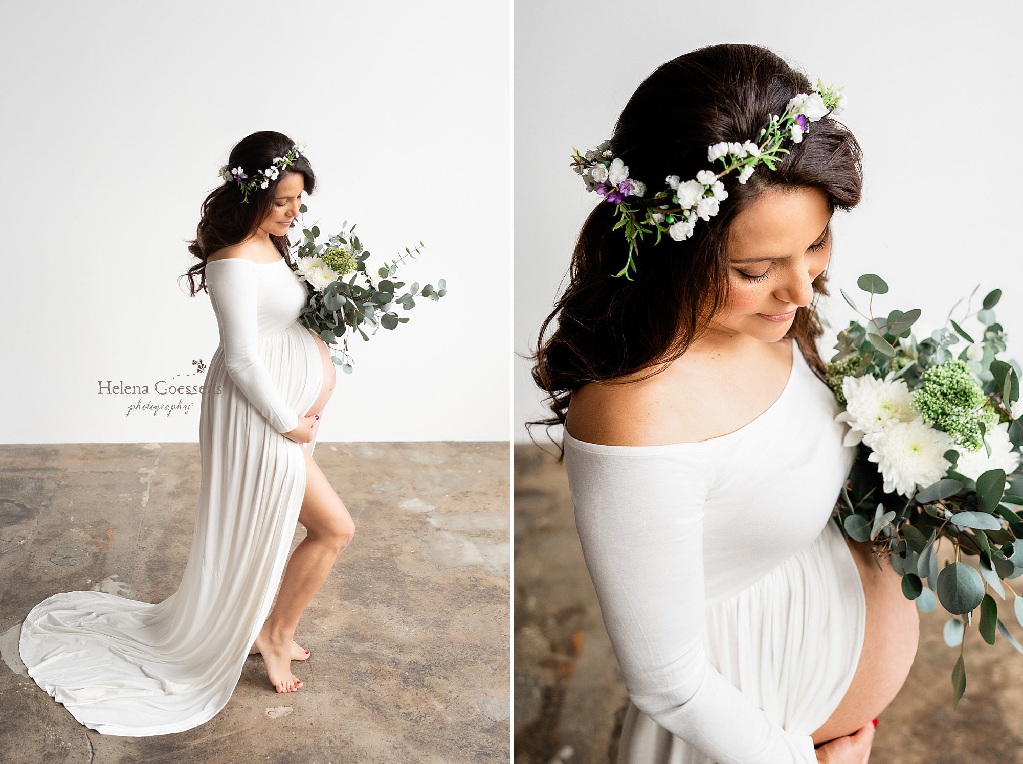 mother in flower crown during maternity session with Boston MA newborn and maternity photographer Helena Goessens Photography