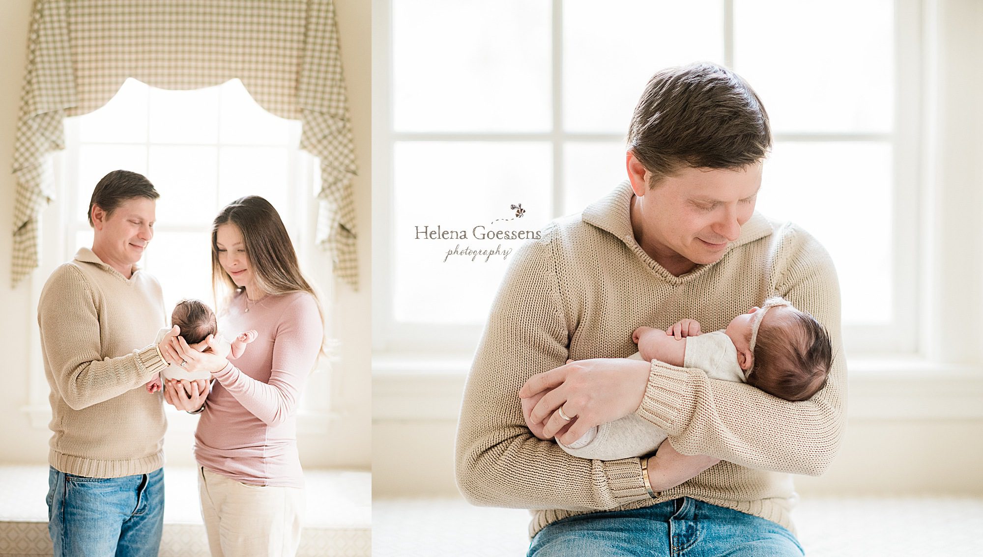 father holds newborn baby girl during lifestyle session with Helena Goessens Photography