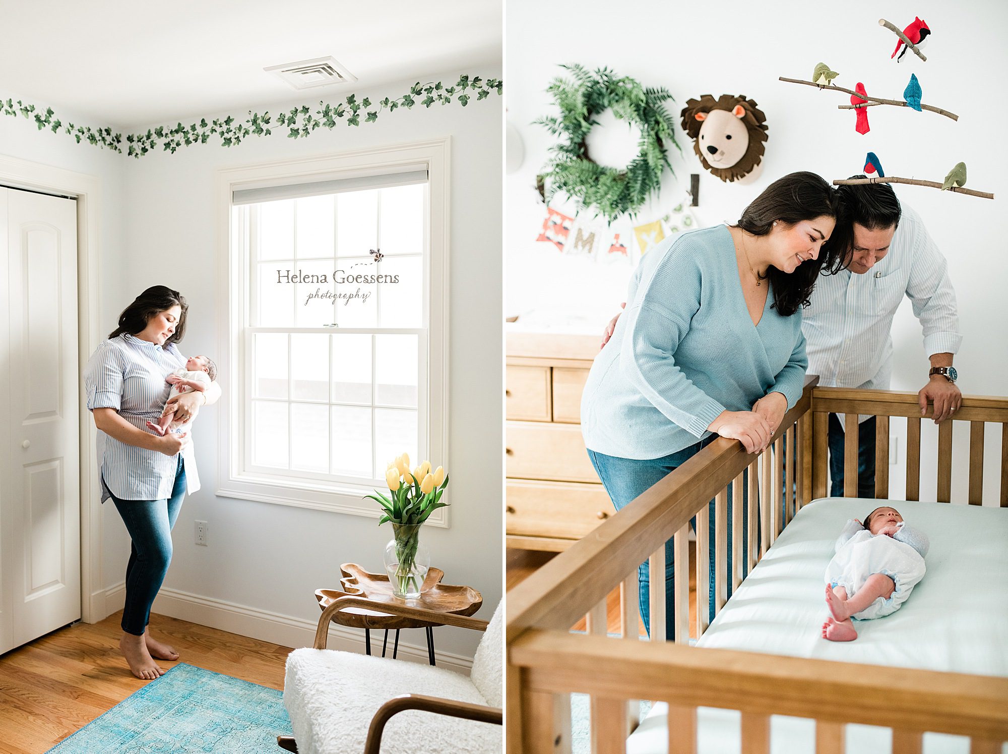new parents in baby's nursery photographed by MA newborn photographer Helena Goessens Photography