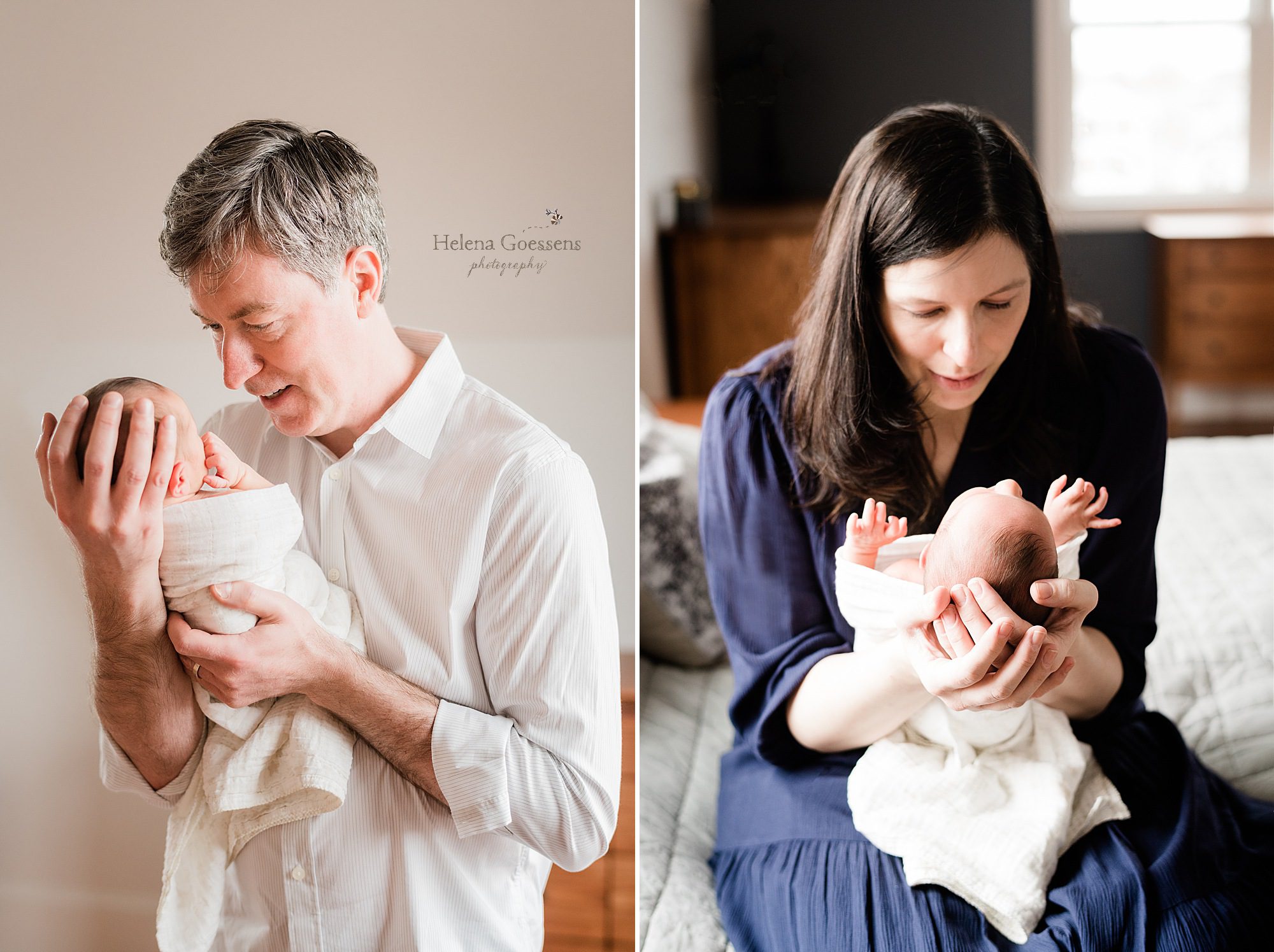 mom and dad with baby during lifestyle newborn portraits by Helena Goessens Photography