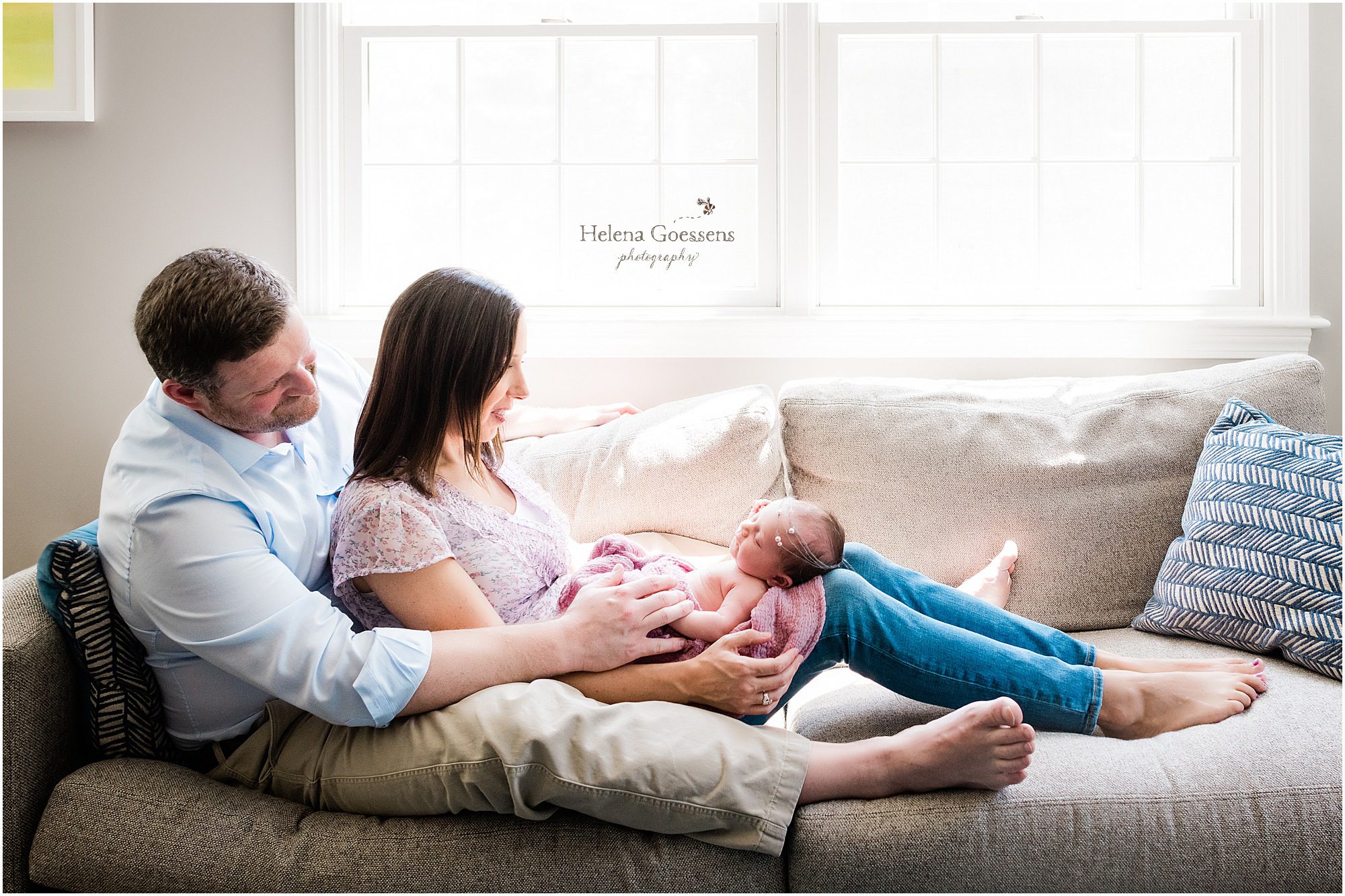 lifestyle newborn portraits of baby girl in Boston MA home with Helena Goessens Photography