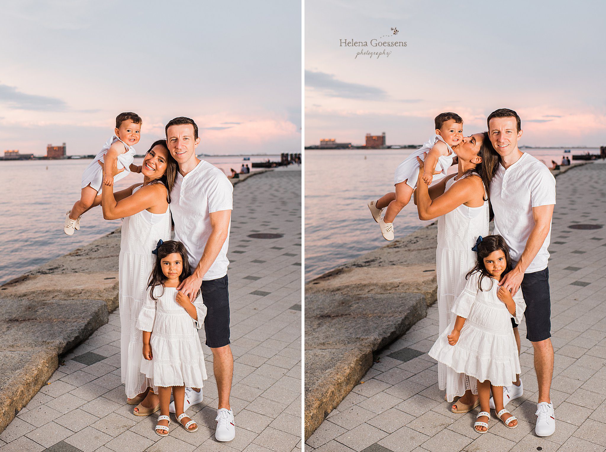 family of four poses on Fan Pier in Boston MA