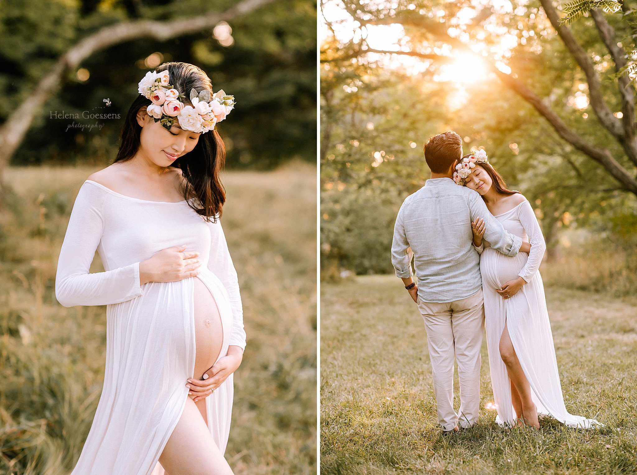 maternity session with mom in white gown in Arnold Arboretum 