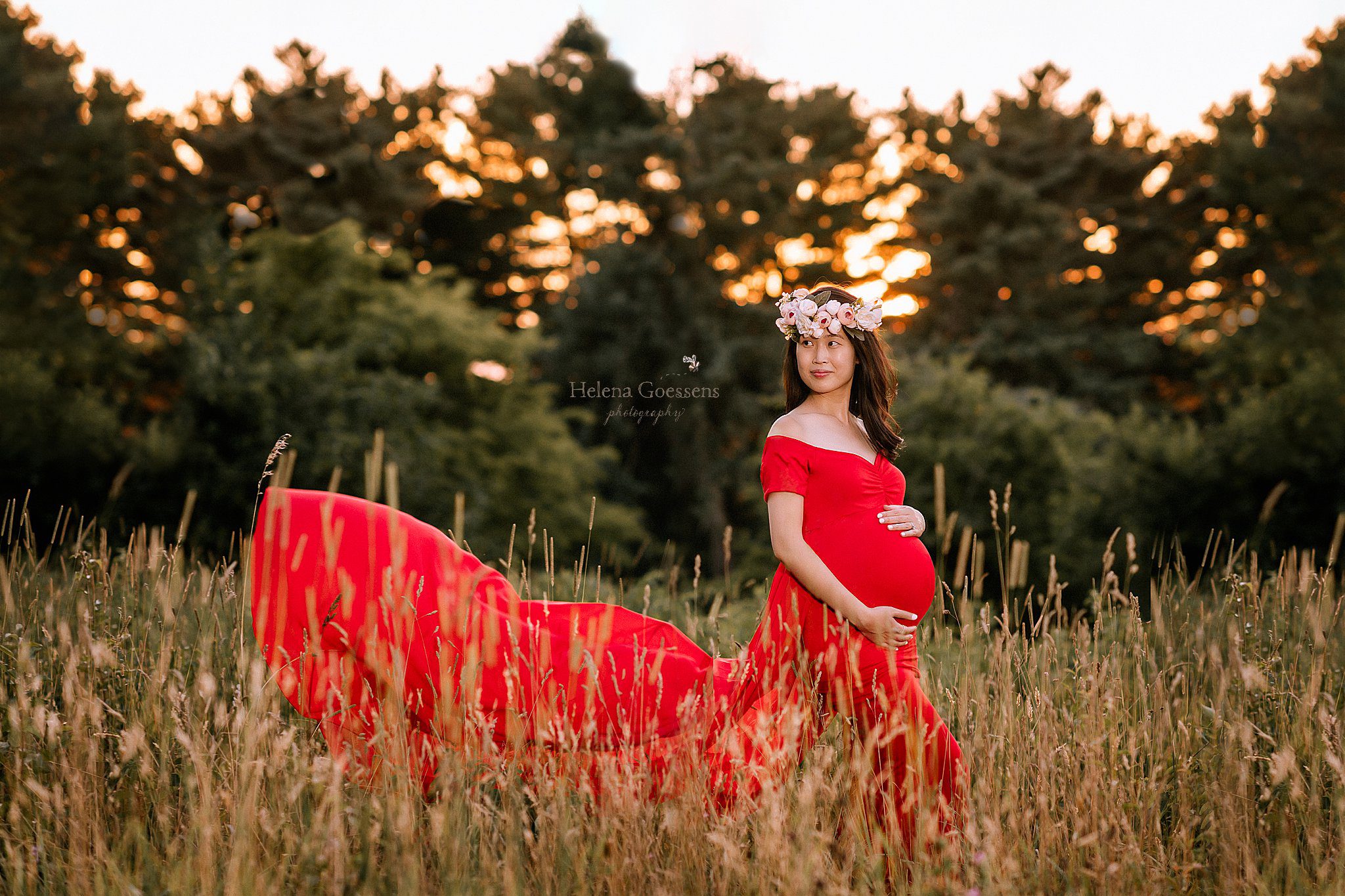 expecting mom in red dress stands in field at Arnold Arboretum during maternity session with Helena Goessens Photography