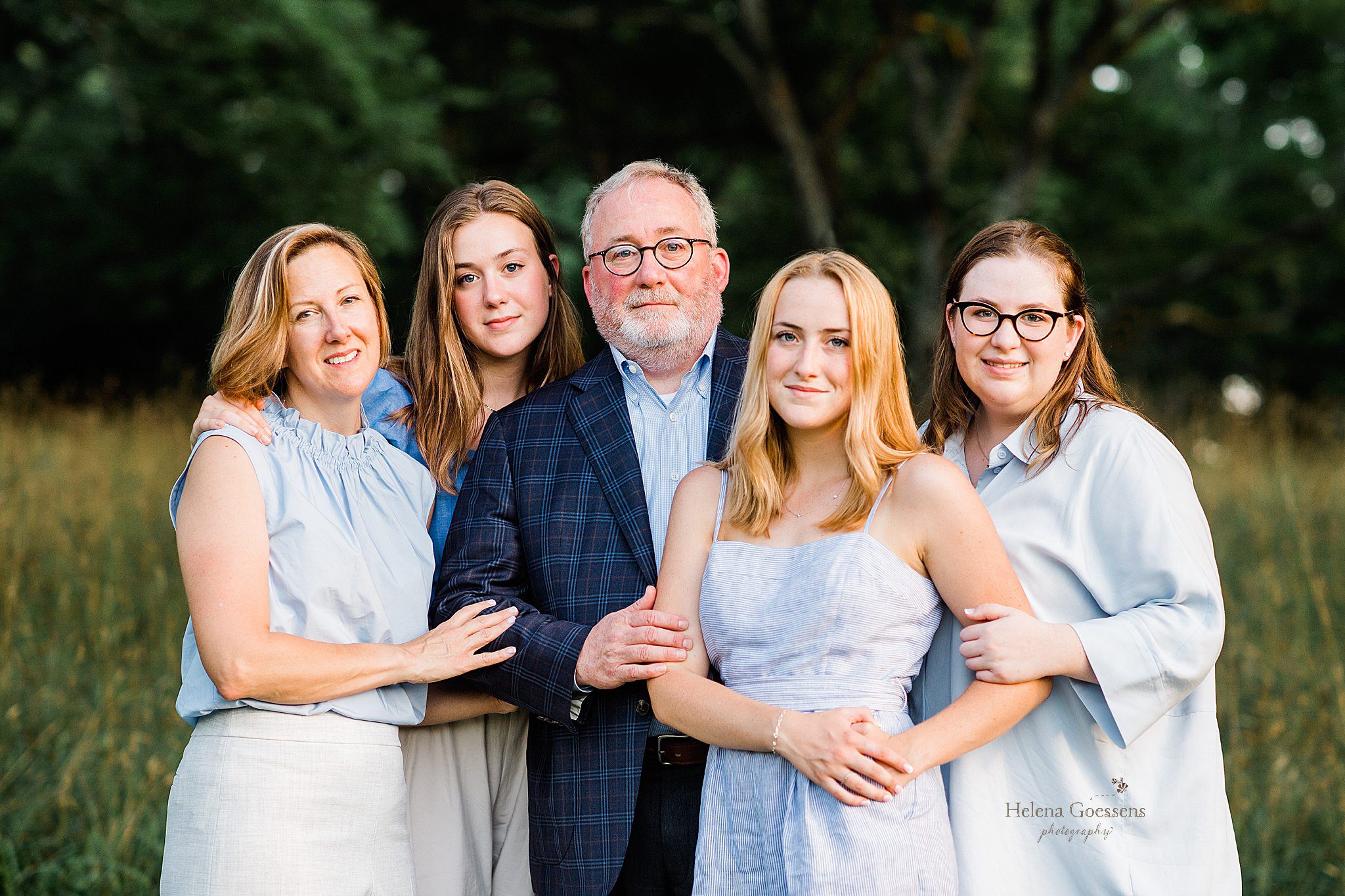 mom, dad, and three daughters pose during Boston MA family session with Helena Goessens Photography