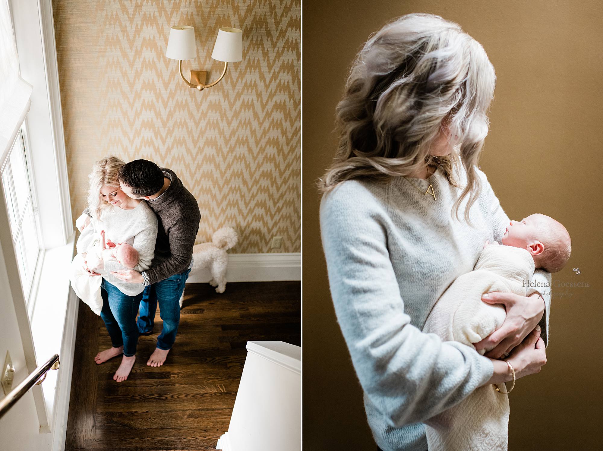 new parents hold baby by window in home during lifestyle session in Milton MA with Helena Goessens Photography