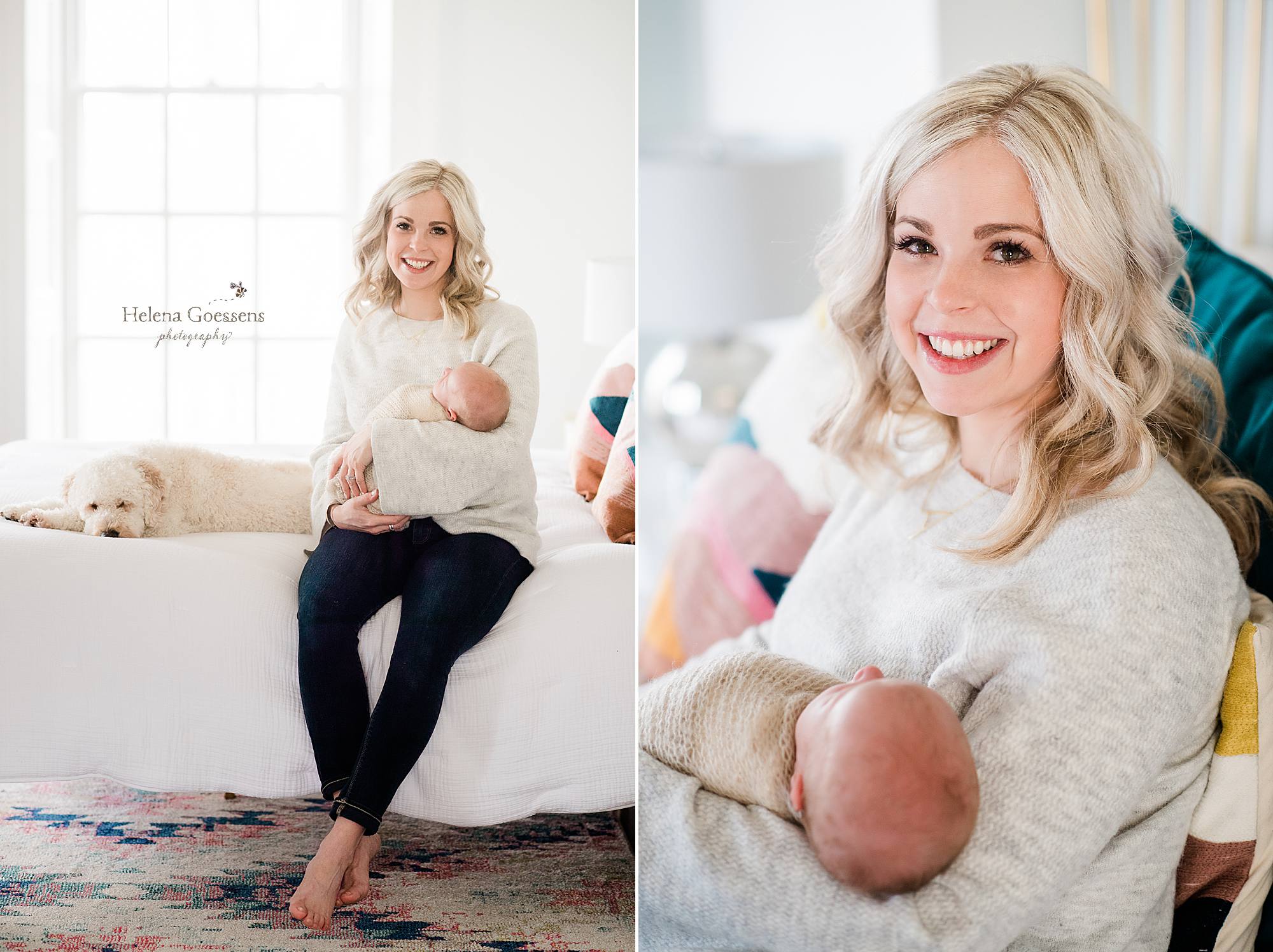 Helena Goessens Photography photographs new mom rocking baby boy on bed in Milton MA home
