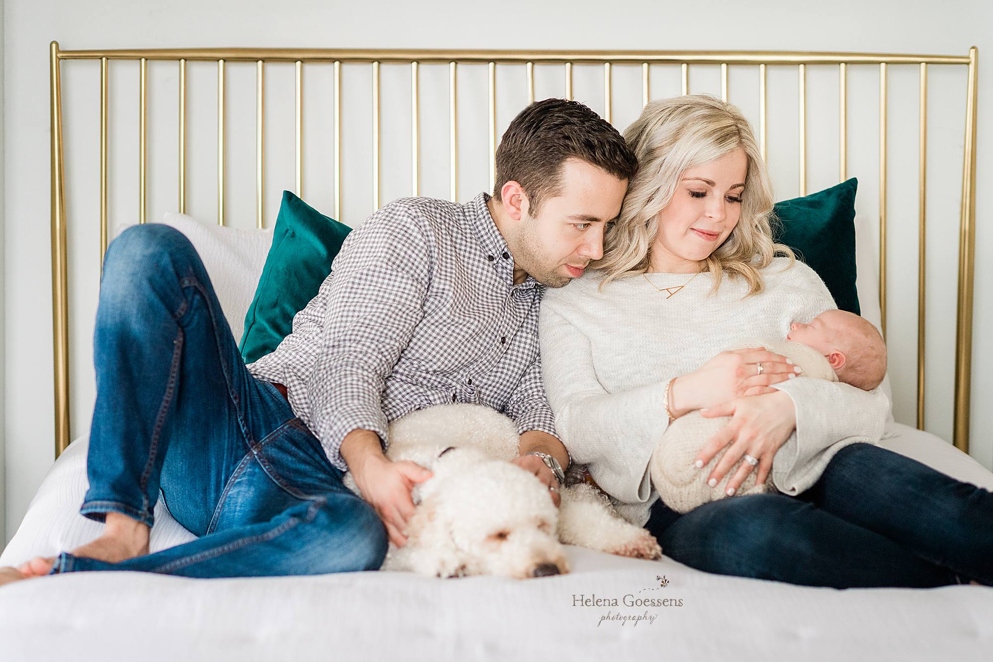 new parents snuggle with baby and dog on bed in Milton MA home photographed by Helena Goessens Photography
