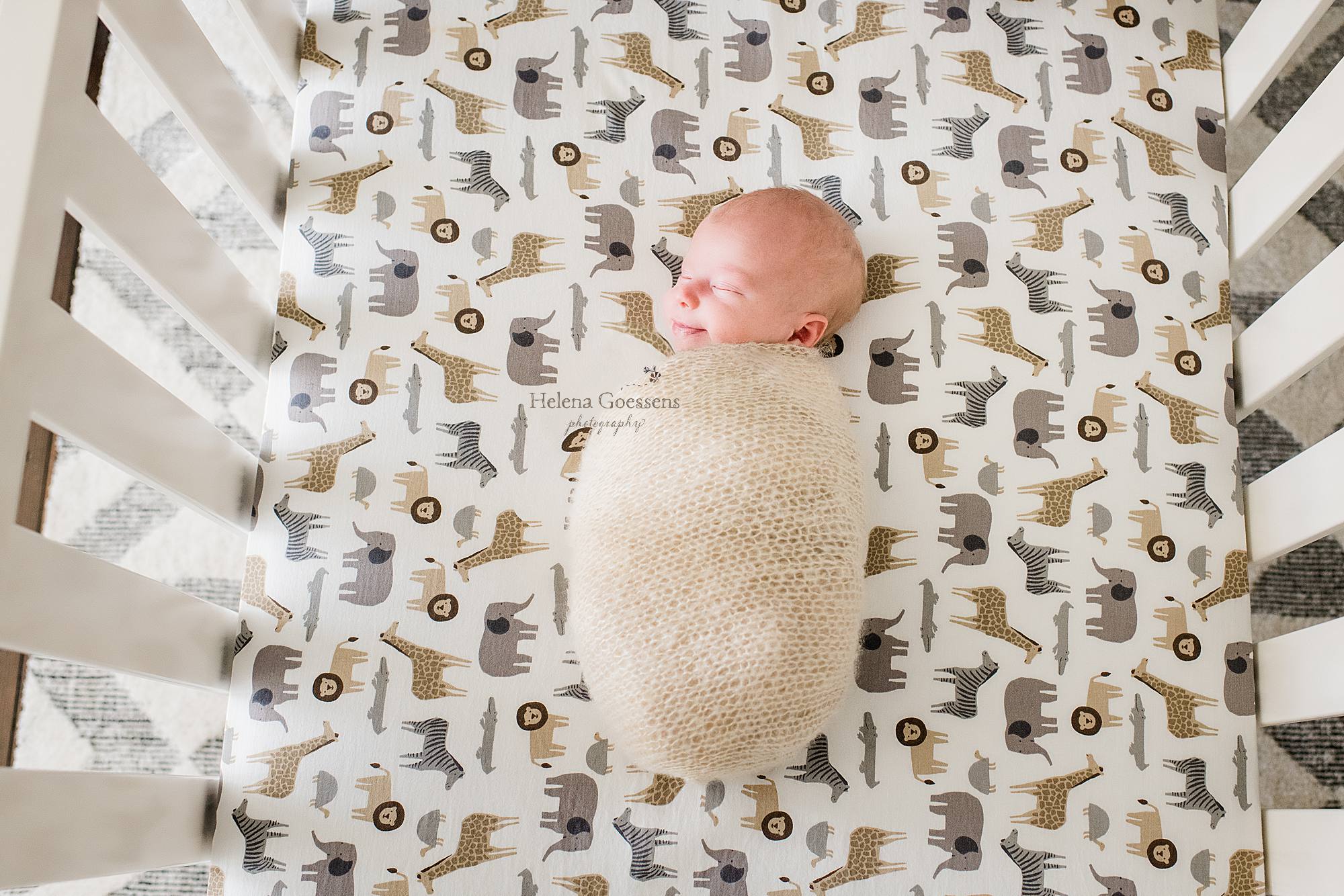 baby boy sleeps while swaddled on jungle sheet in nursery photographed by Helena Goessens Photography