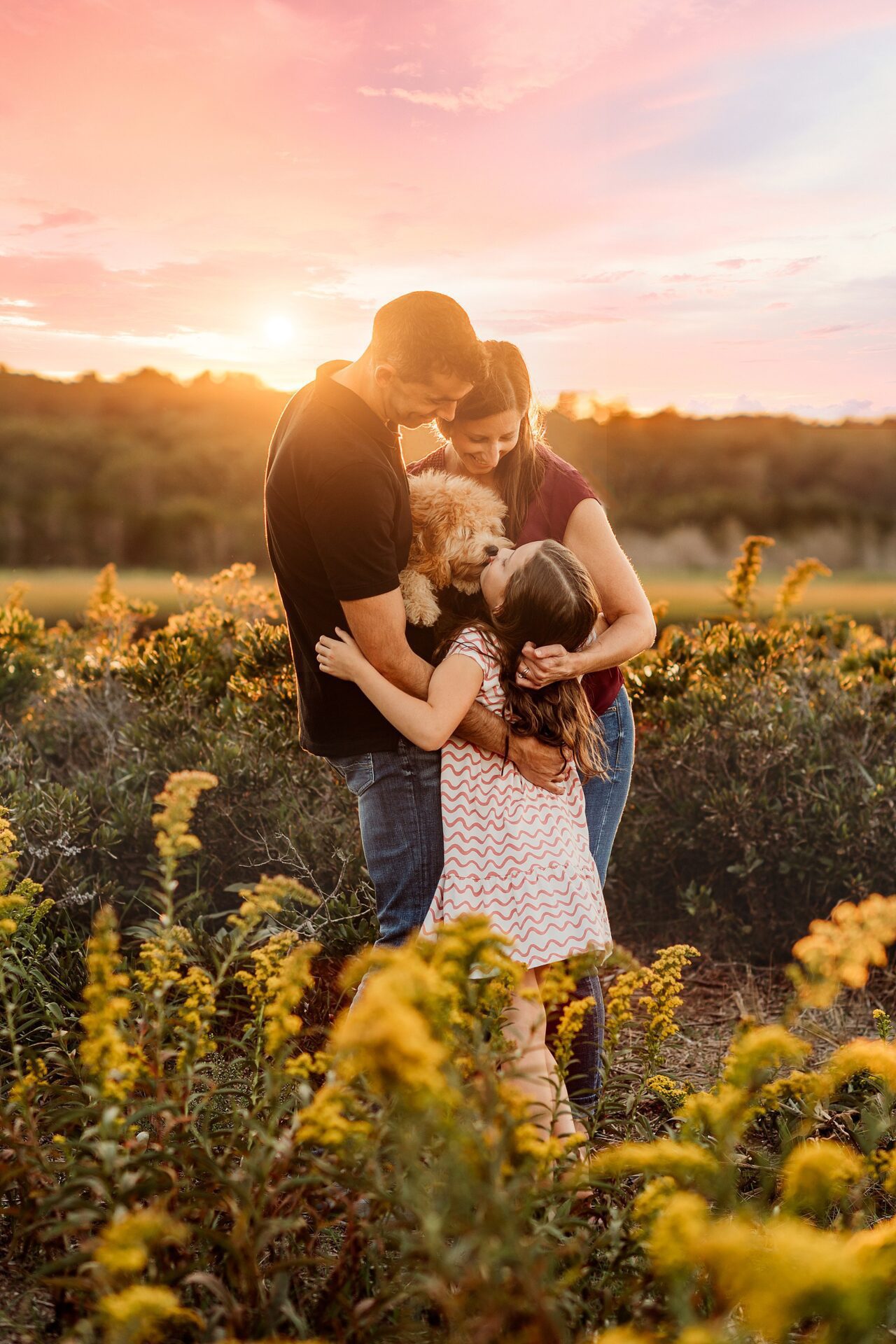 A family of three and their small dog share a group hug in a field of yellow flowers at sunset, with warm sunlight and a colorful sky—capturing the joy found in Rexhame Beach Family Portraits.