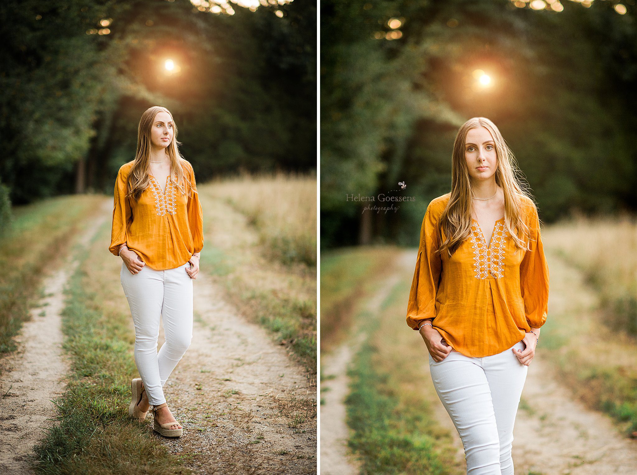 senior in orange top poses for Helena Goessens Photography during Bradley Estate senior portraits