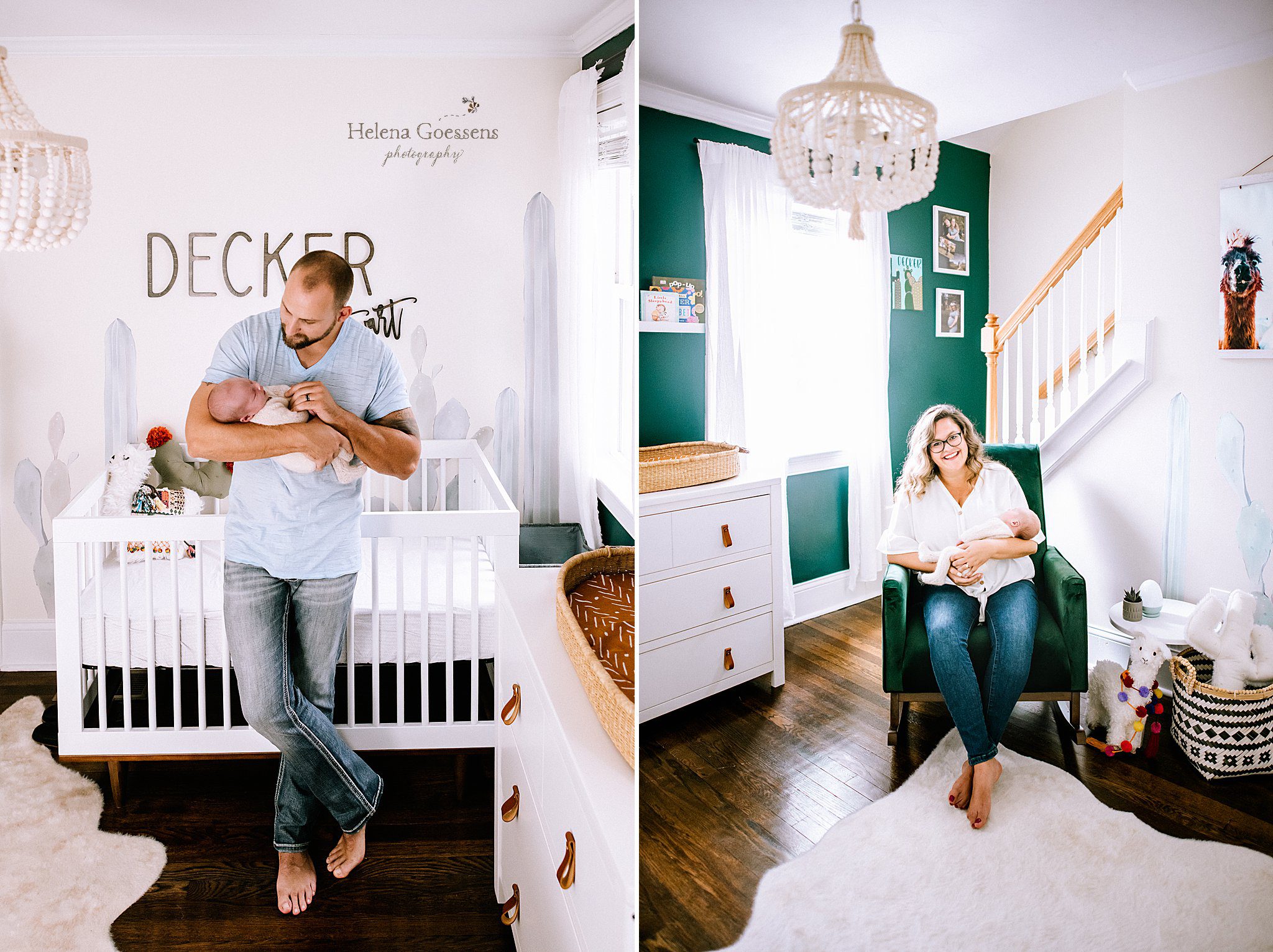mom and dad cuddle newborn baby boy in nursery photographed by Helena Goessens Photography