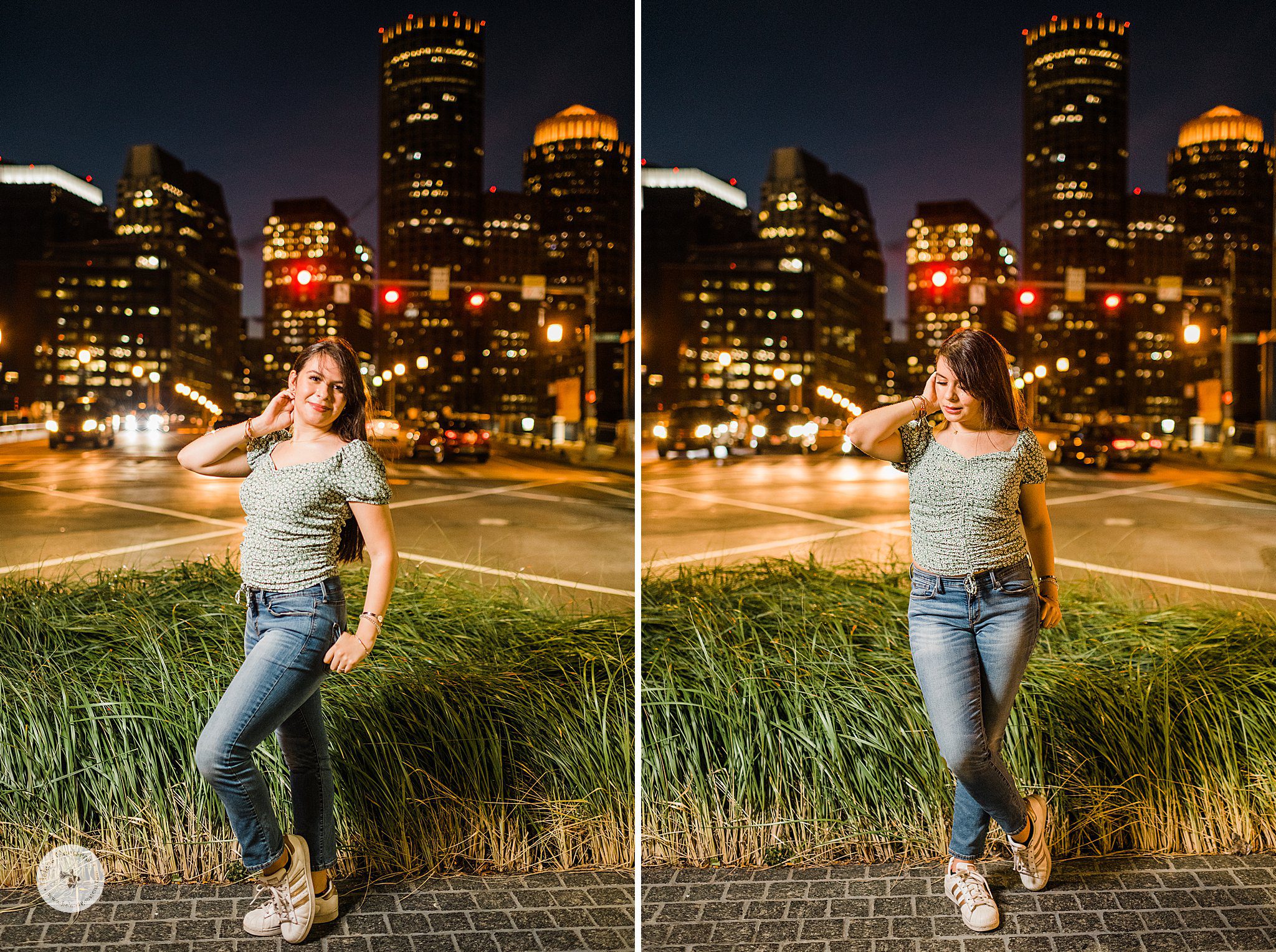 teen girl stands along brick sidewalk in Boston MA with Helena Goessens Photography