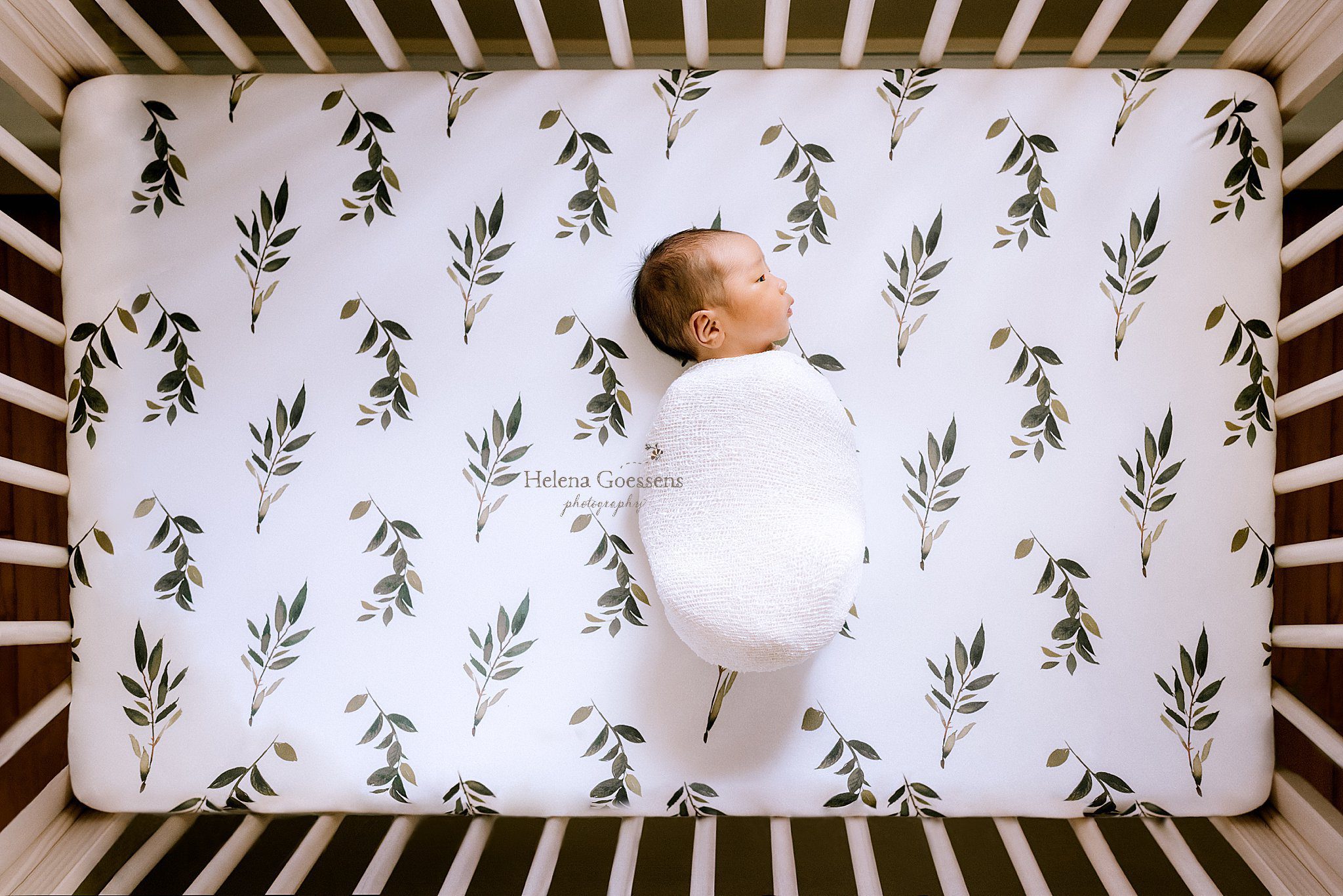baby rests in crib with herb pattern