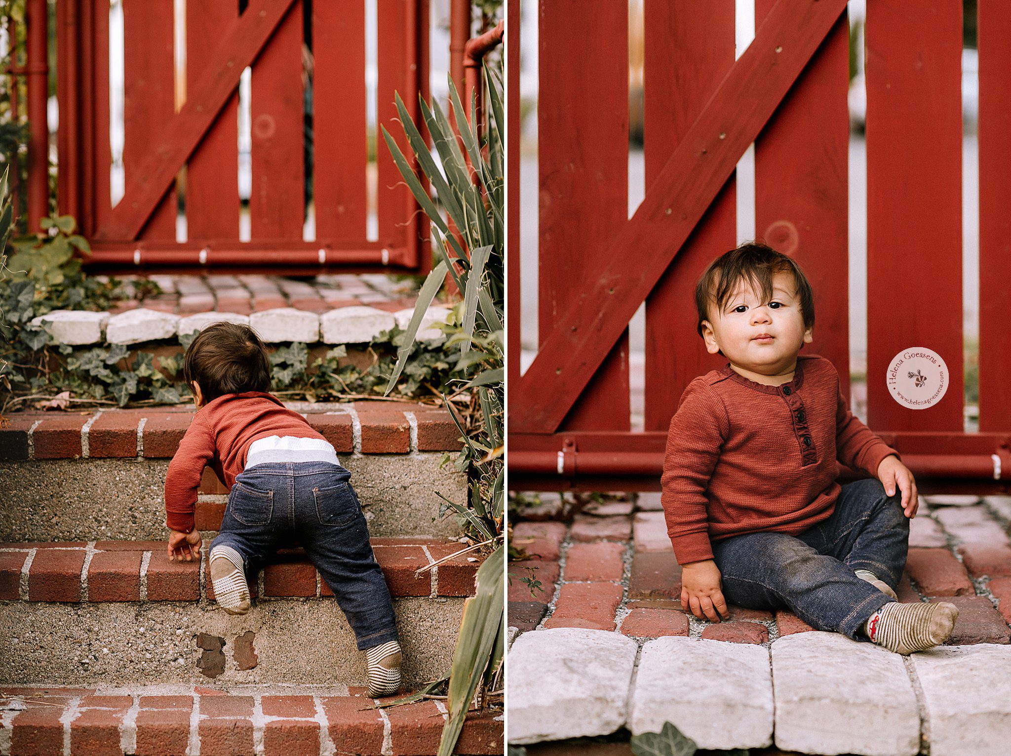toddler climbs up stairs outside during Backyard Family Portraits with Helena Goessens Photography