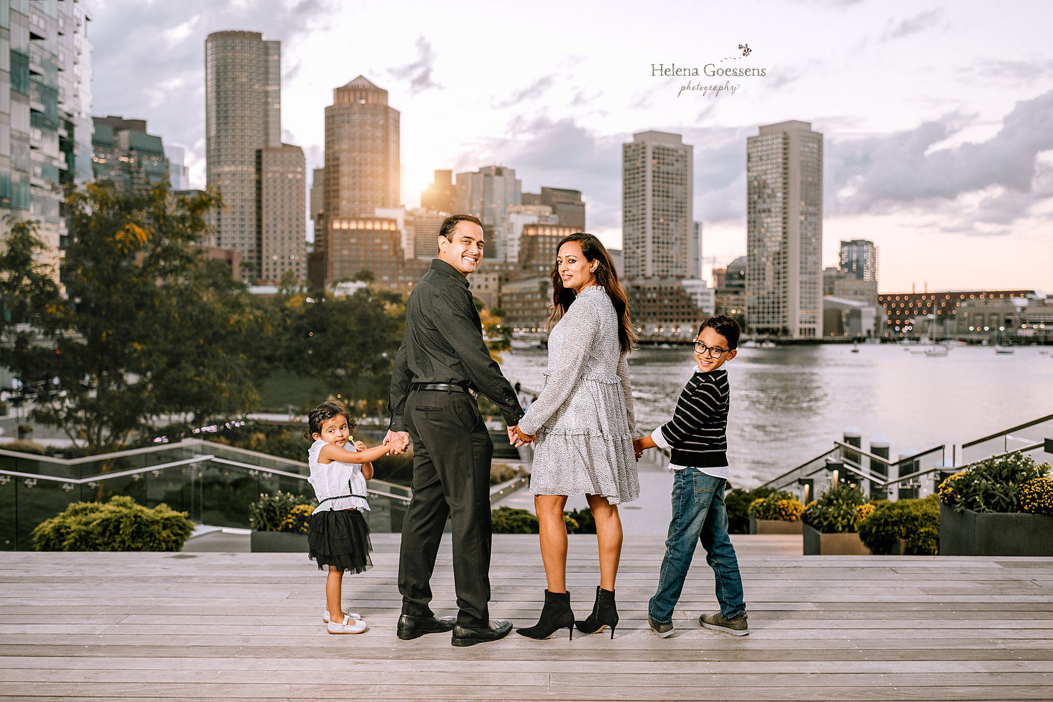 sunset family portraits at Fan Pier Park in Boston MA