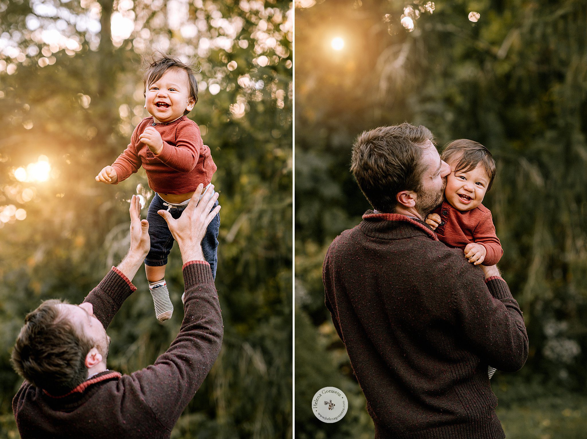 dad and son play during backyard photos in Dedham MA