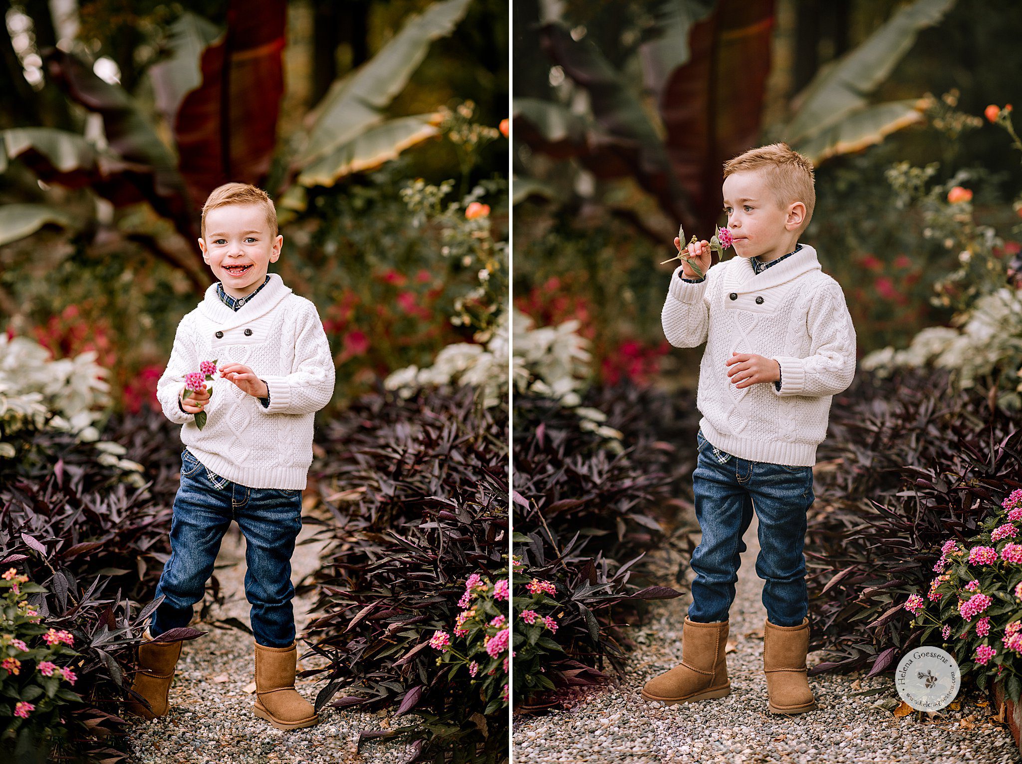 toddler plays with flowers from gardens at Bradley Estate 