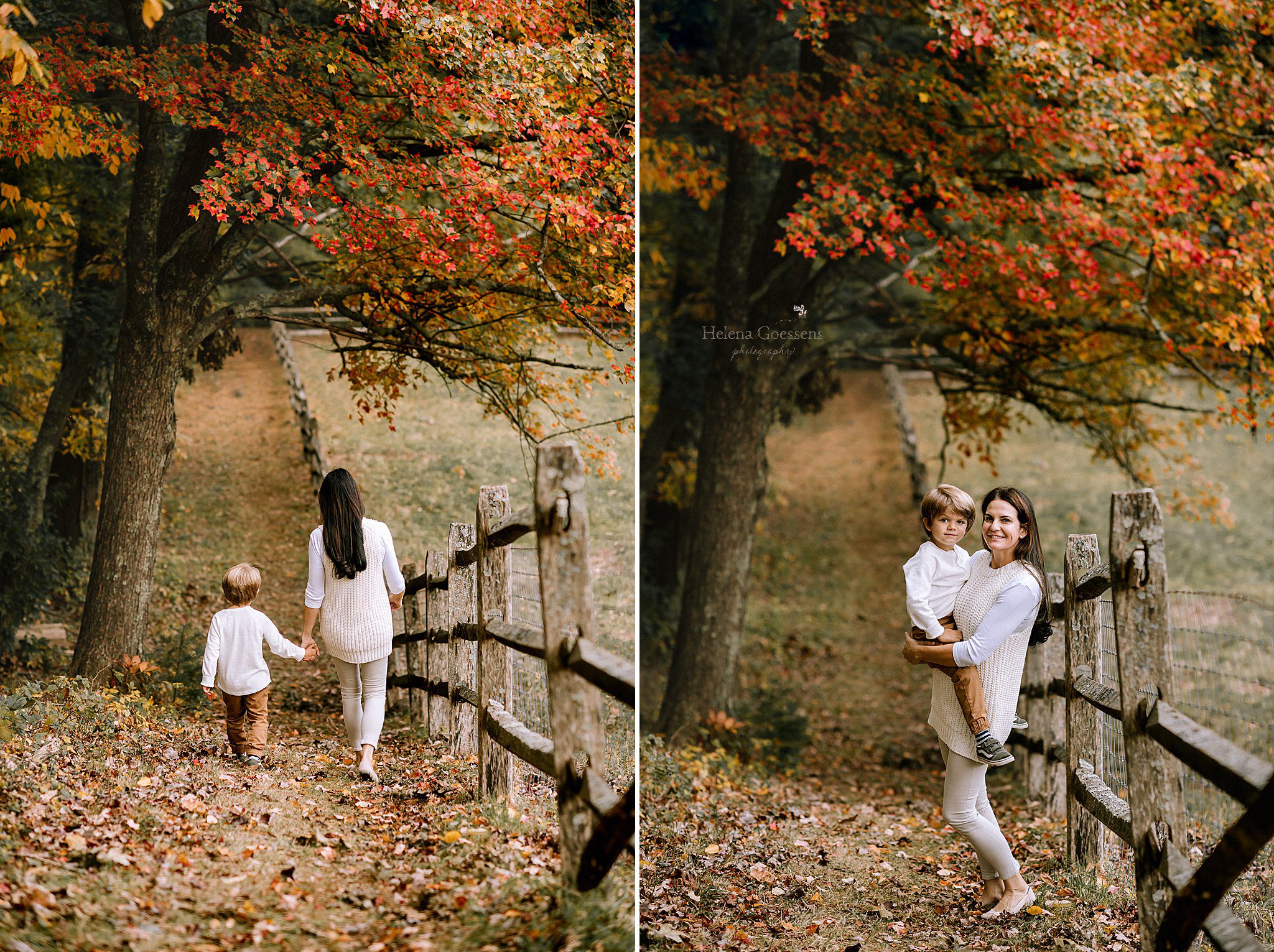 mom poses with sons during fall family portraits in MA