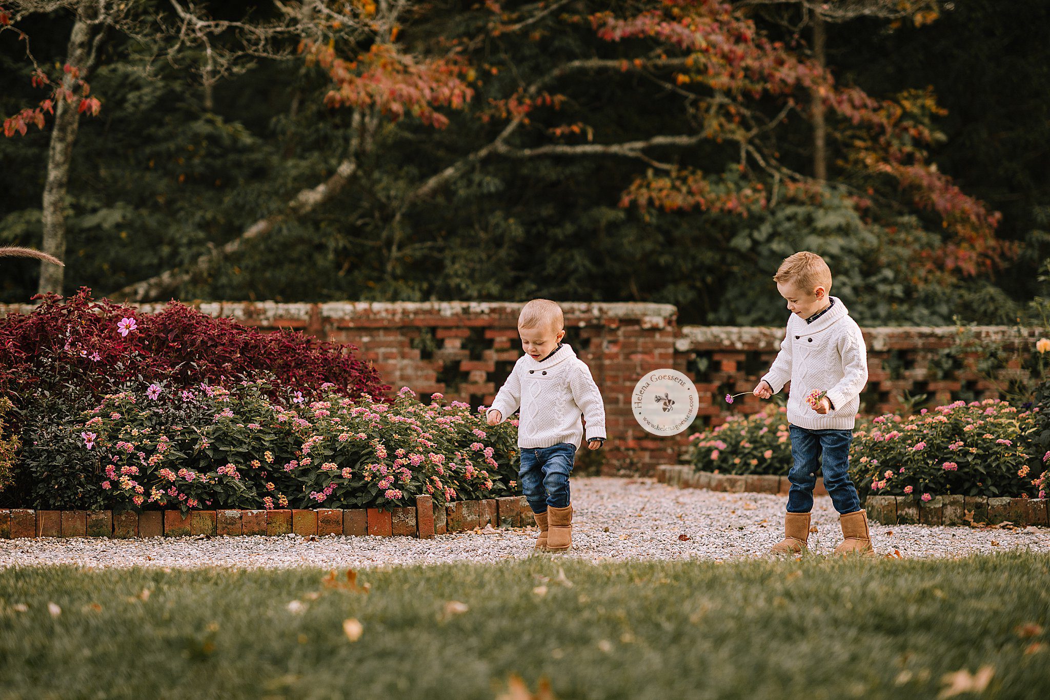 brothers walk through gardens at Bradley Estate during Mommy and Me Session