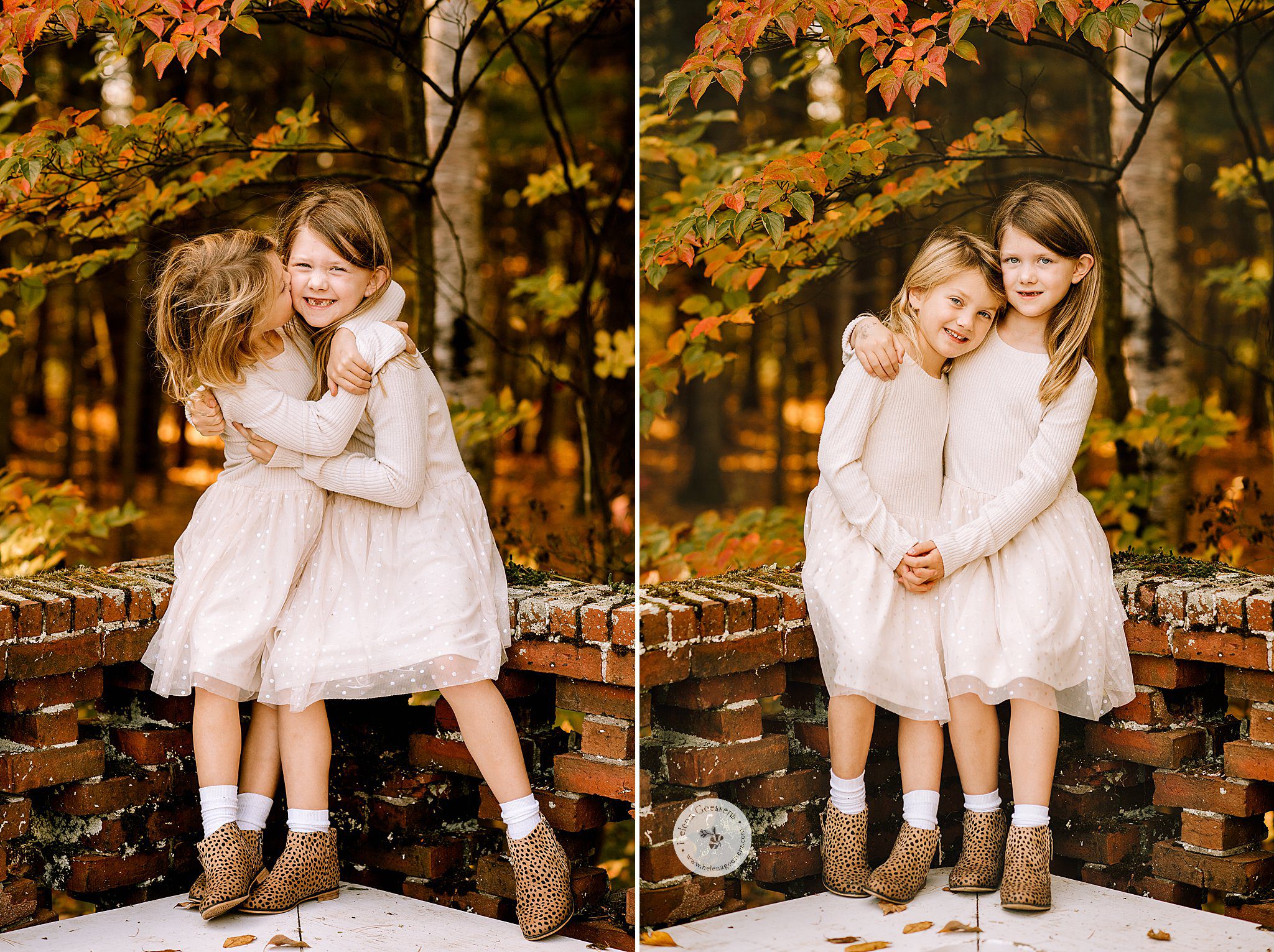 sisters pose on patio at Bradley Estate during fall family portraits
