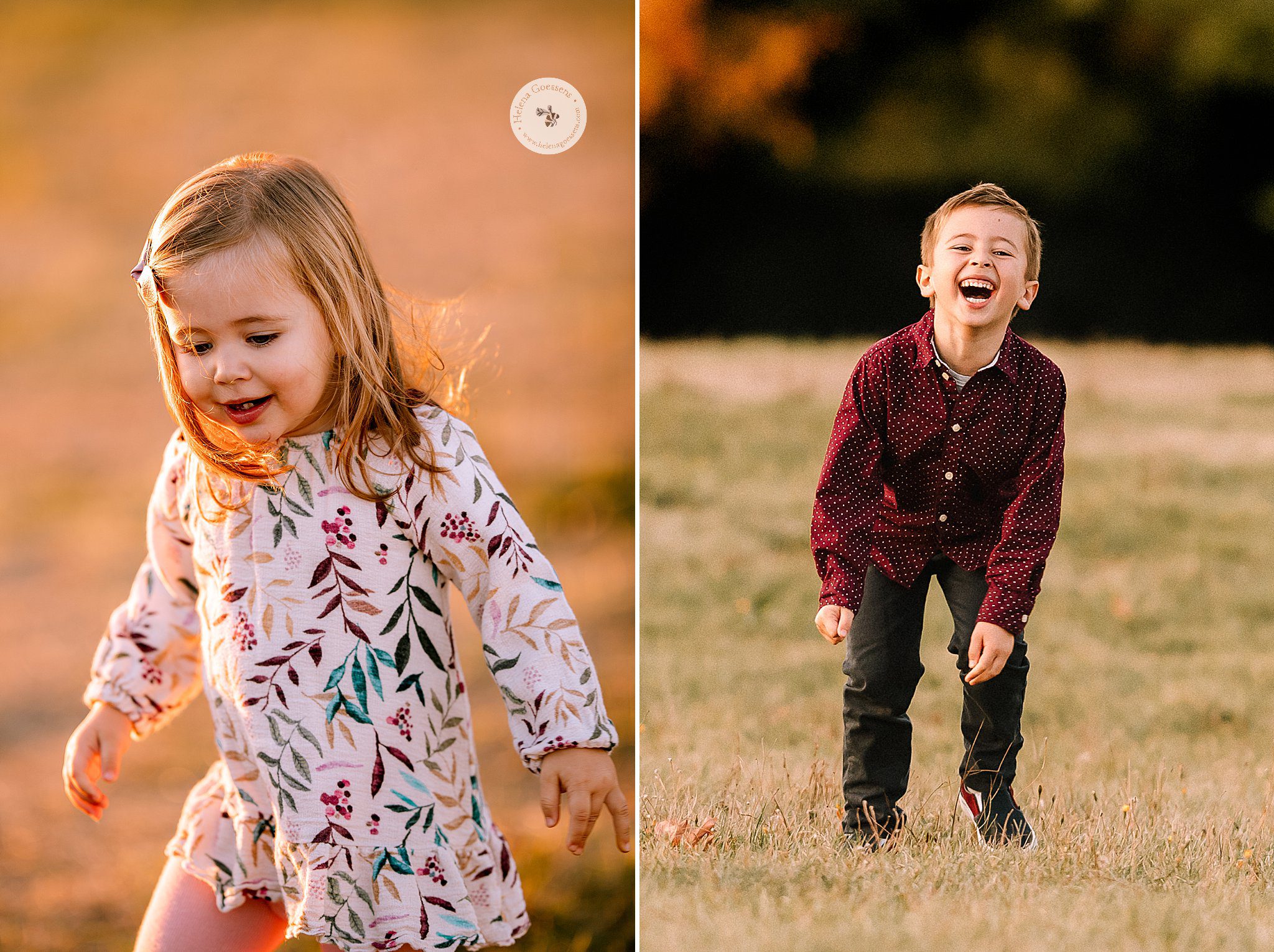 kids laugh and play during fall family photos with Helena Goessens Photography in Brookline MA