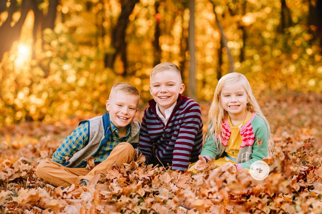 siblings sit in pile of leaves during fall family photos in Brookline MA