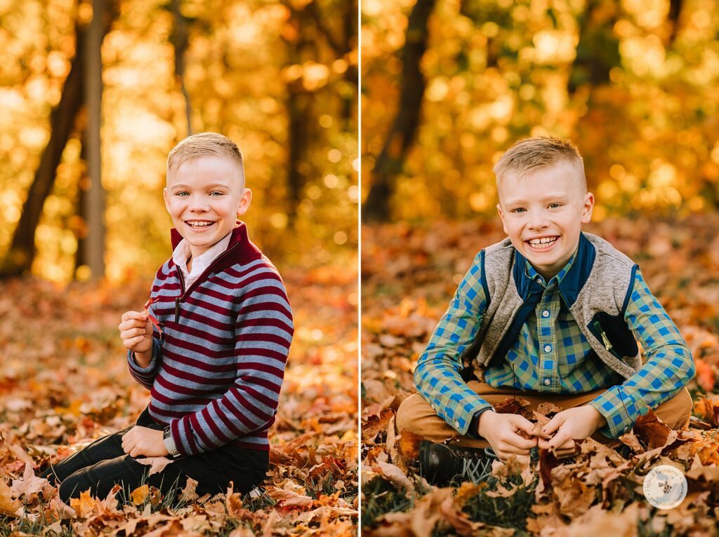 Helena Goessens Photography captures brothers playing in leaves during fall family photos 
