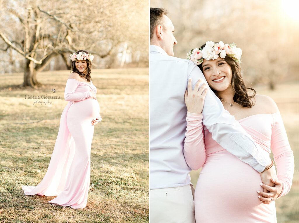 maternity session with mom in pink gown at the Arnold Arboretum in jamaica plain