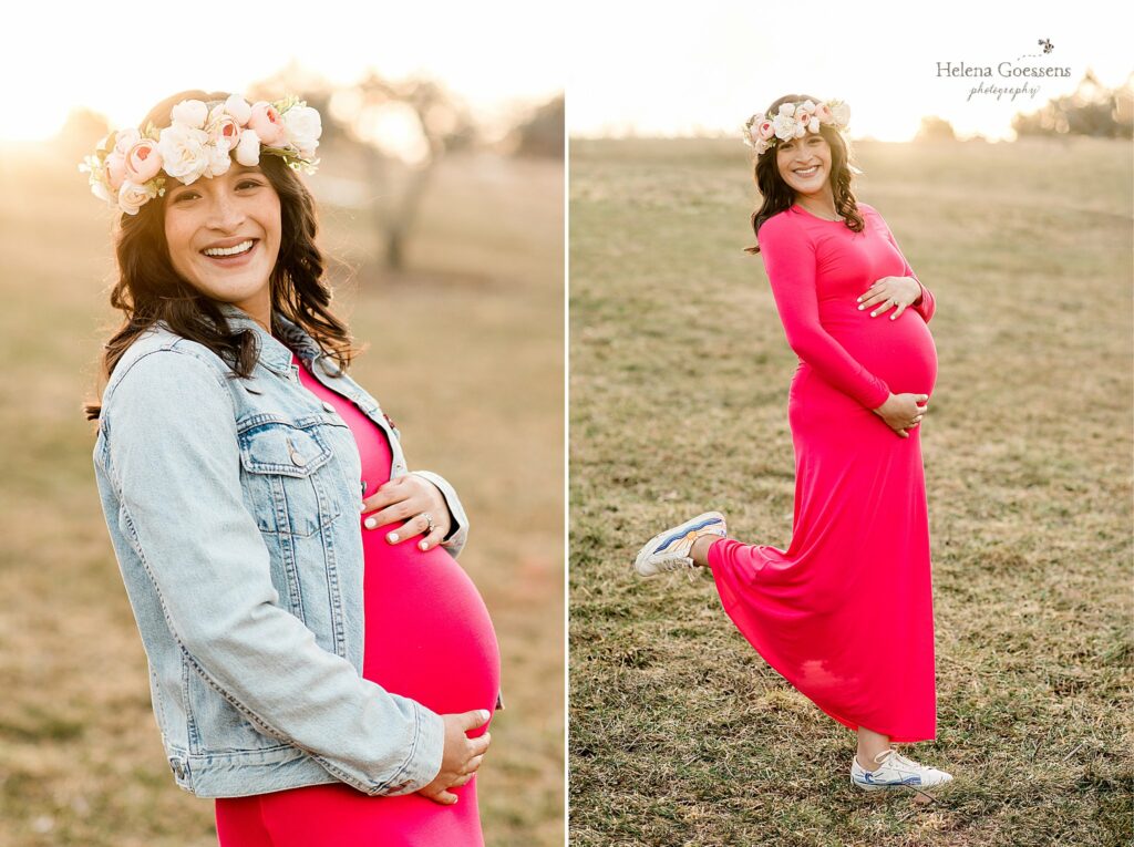 mom wears jeans jacket and fuchsia dress  during Arnold's Arboretum maternity session with Helena Goessens Photography