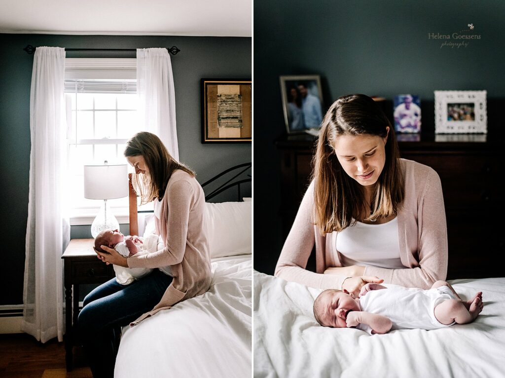mom holds baby girl on bed in Boston MA apartment 
